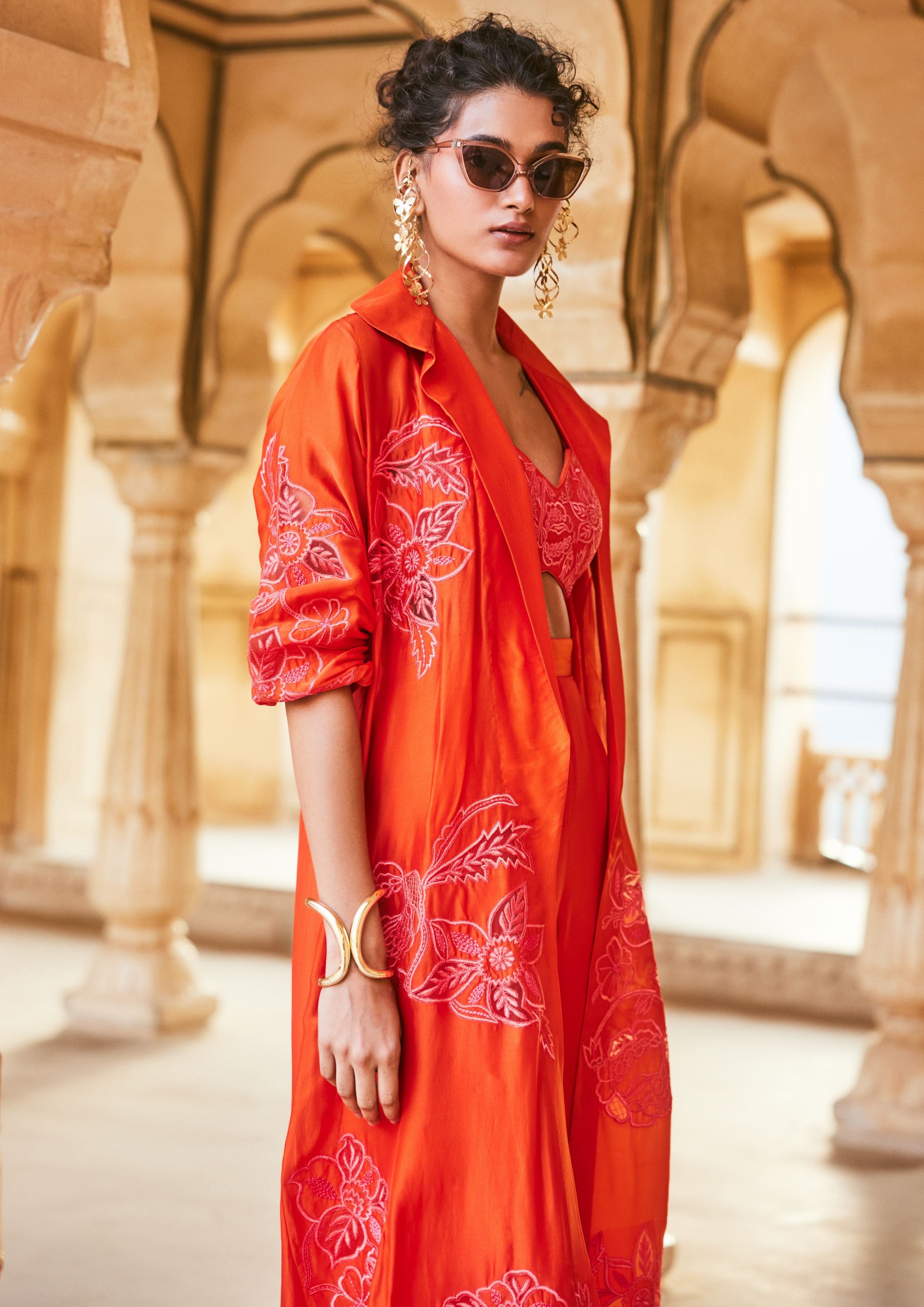 Vermillion Silk Organza Long Jacket Set