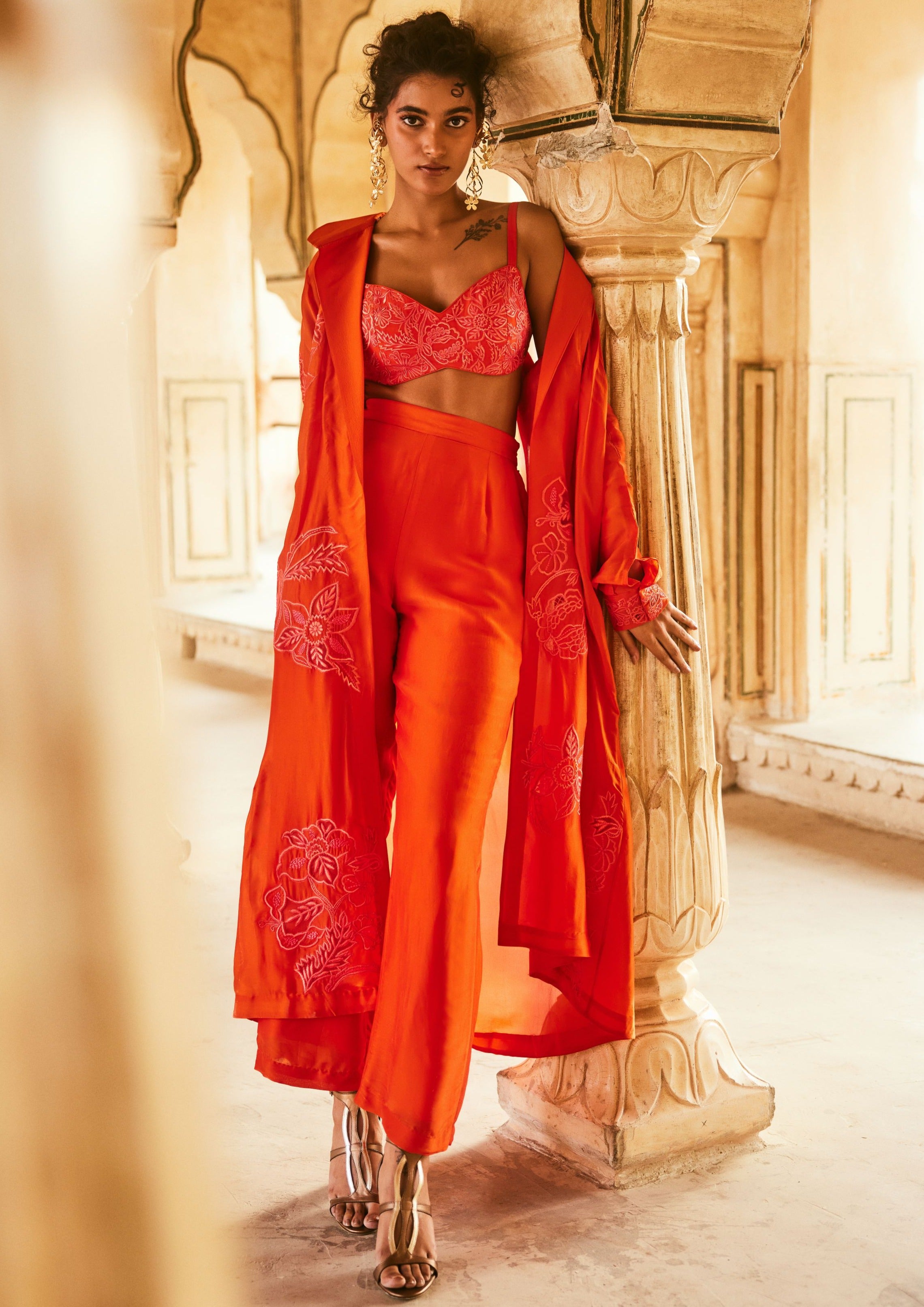 Vermillion Silk Organza Long Jacket Set