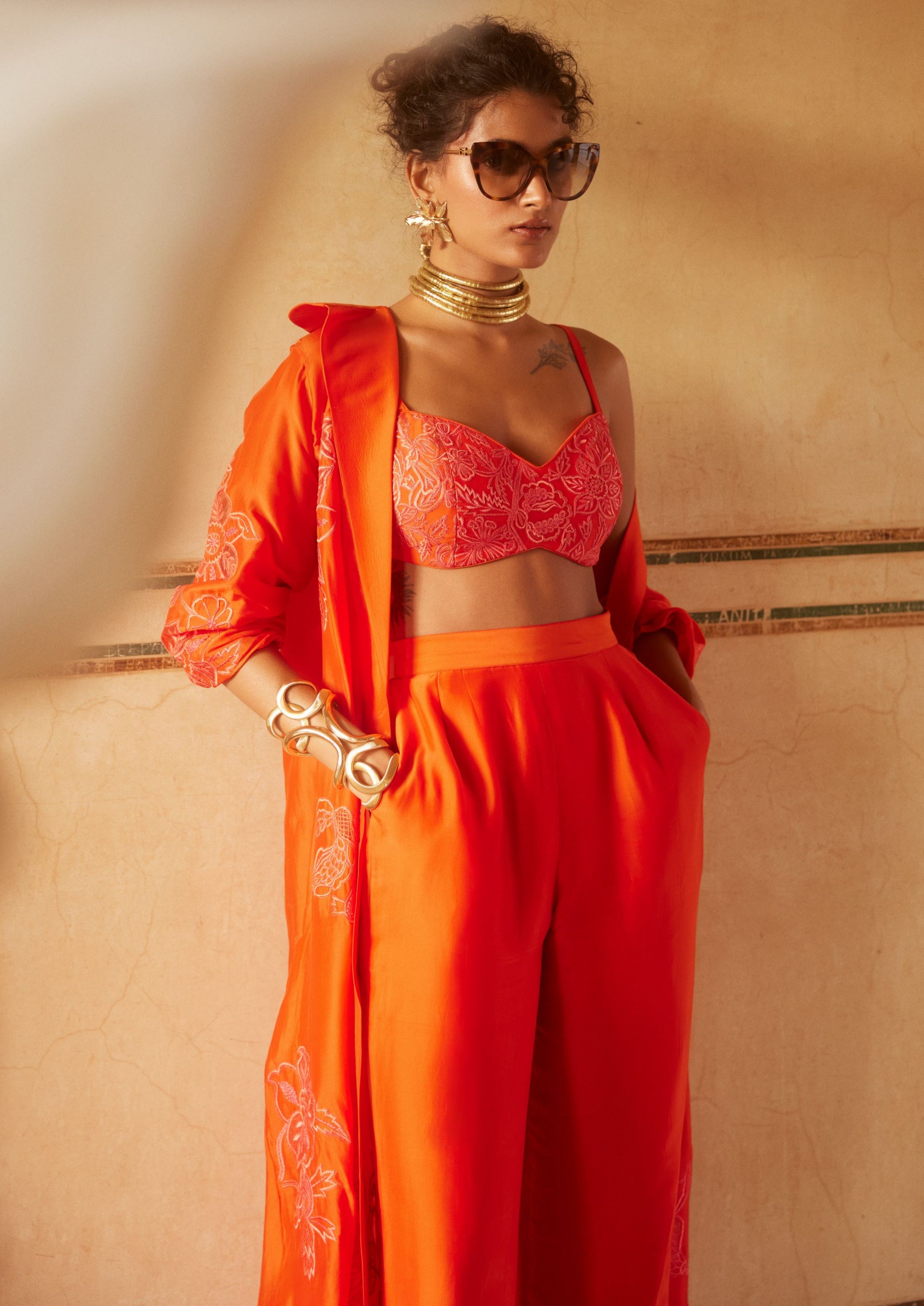 Vermillion Silk Organza Long Jacket Set
