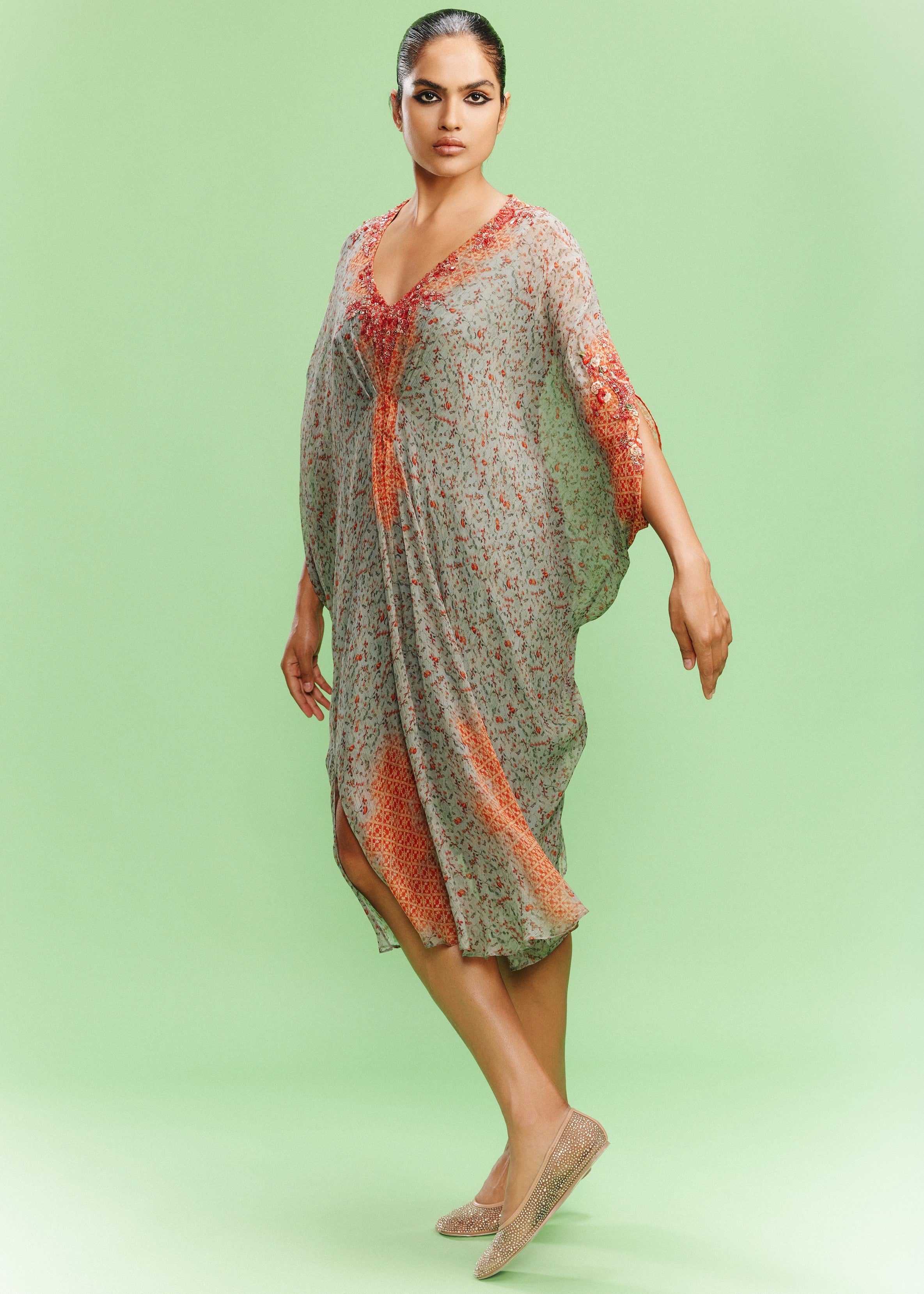Oeshi Chiffon Ditsy Print Kaftan