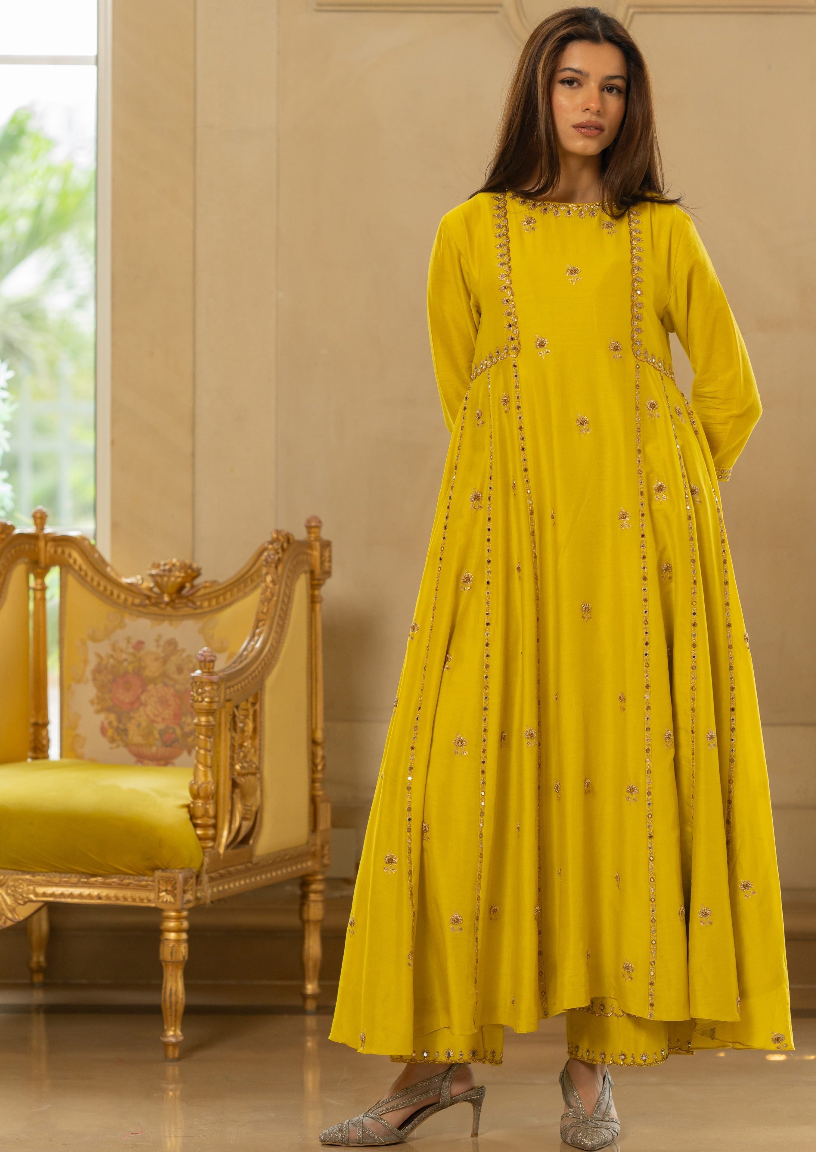 Lime Yellow Butti Embroidered Kurta Set