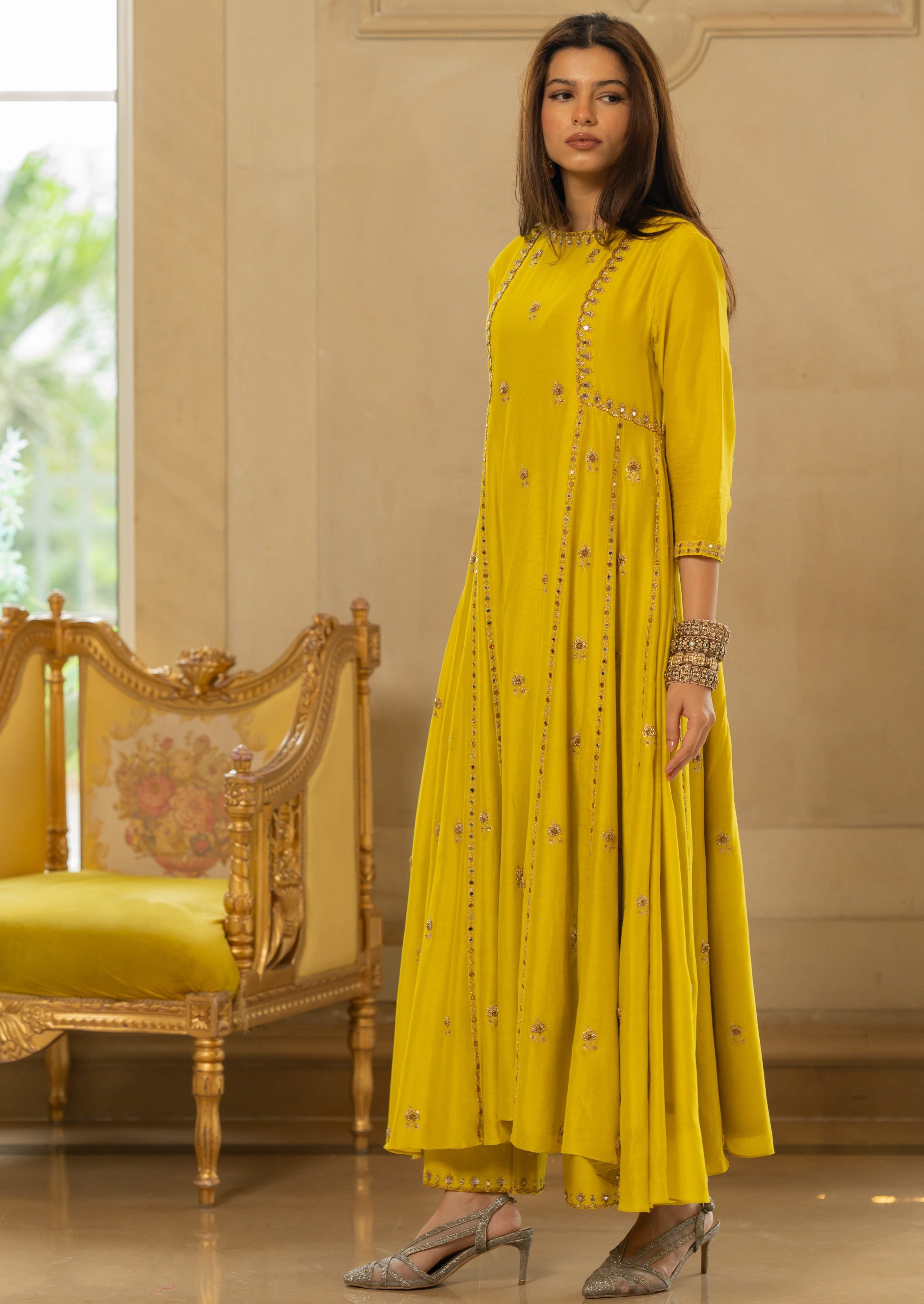 Lime Yellow Butti Embroidered Kurta Set