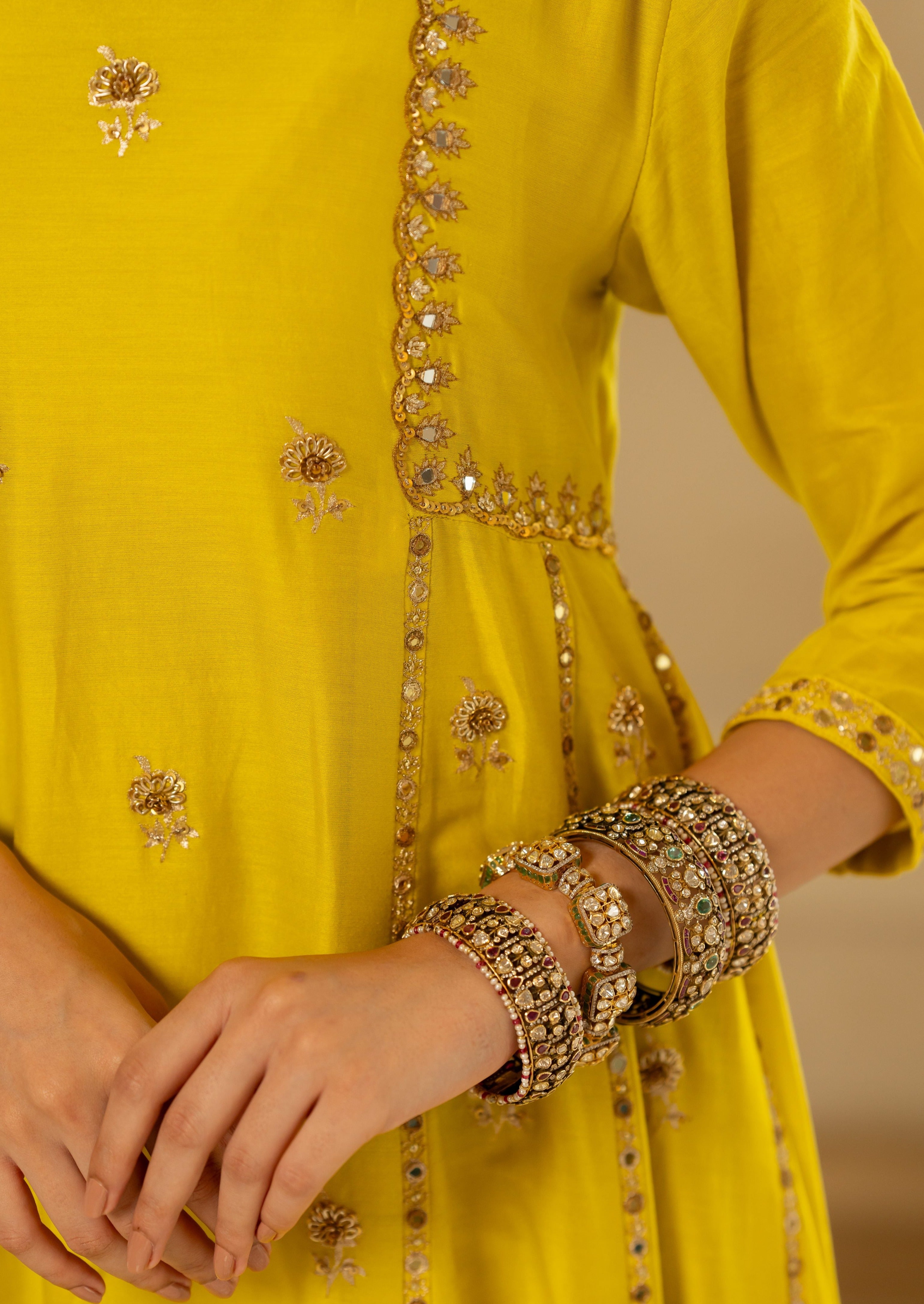 Lime Yellow Butti Embroidered Kurta Set