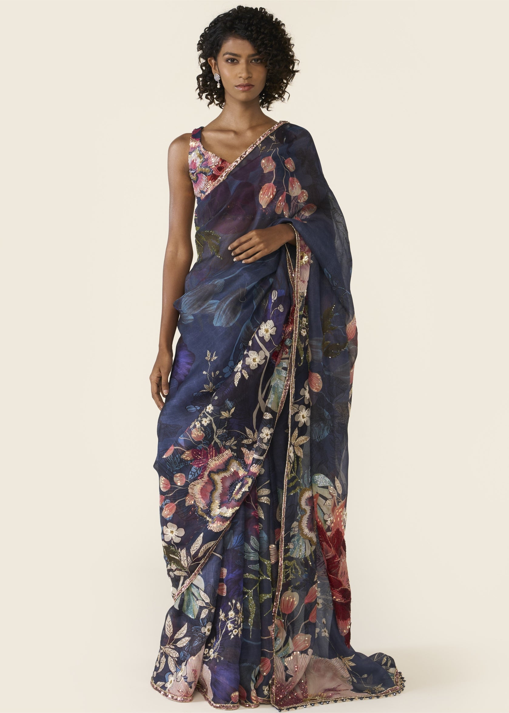 Blue Printed Classic Sari Set