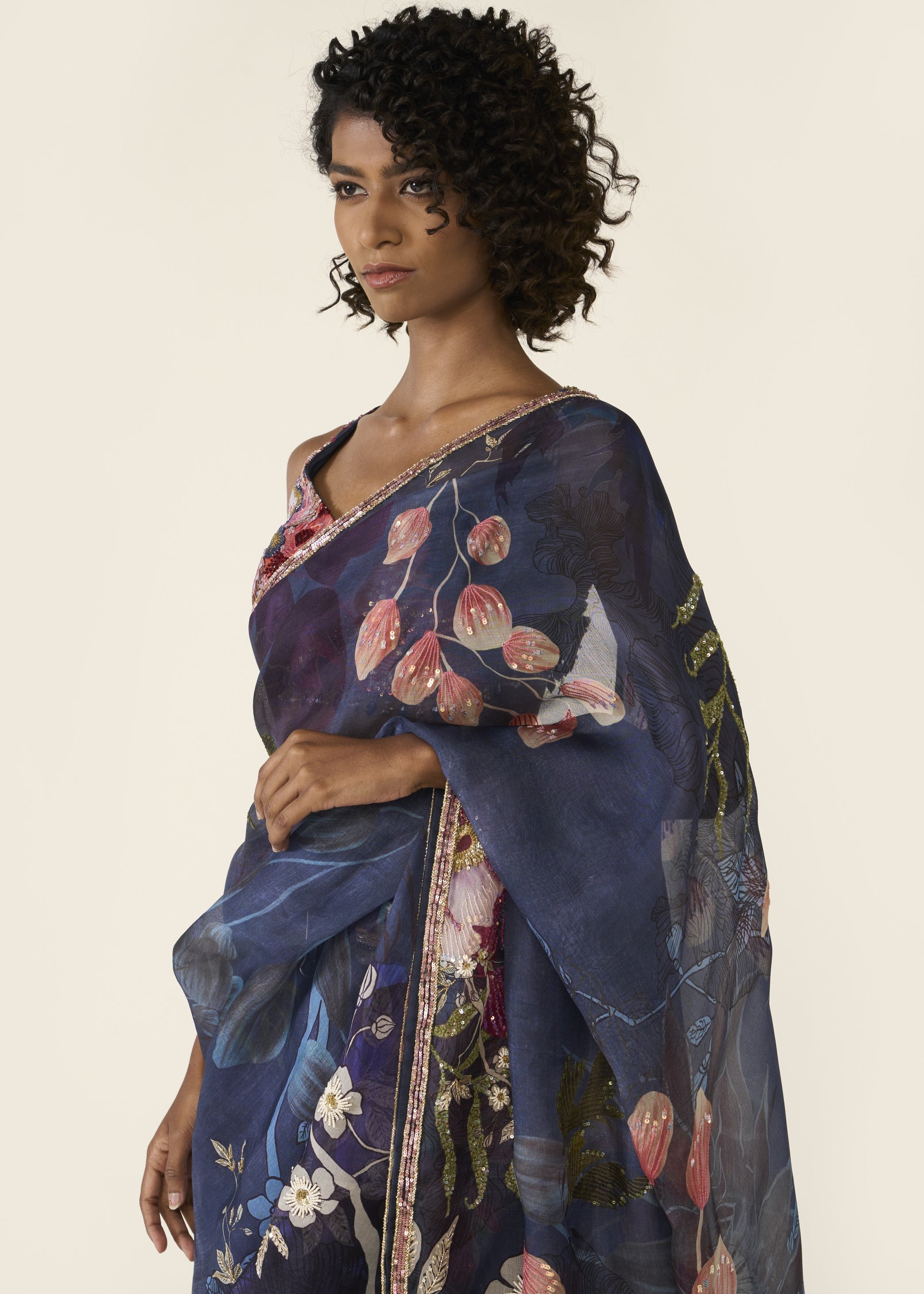 Blue Printed Classic Sari Set