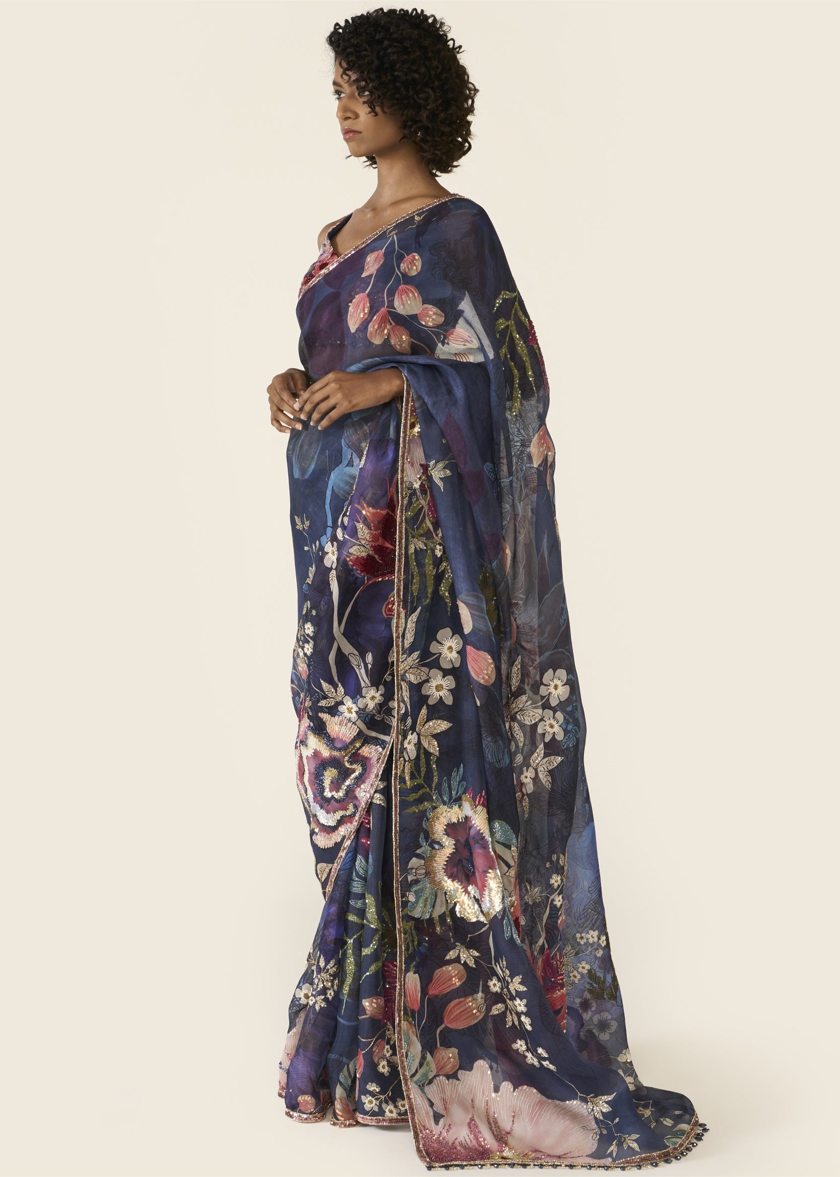 Blue Printed Classic Sari Set