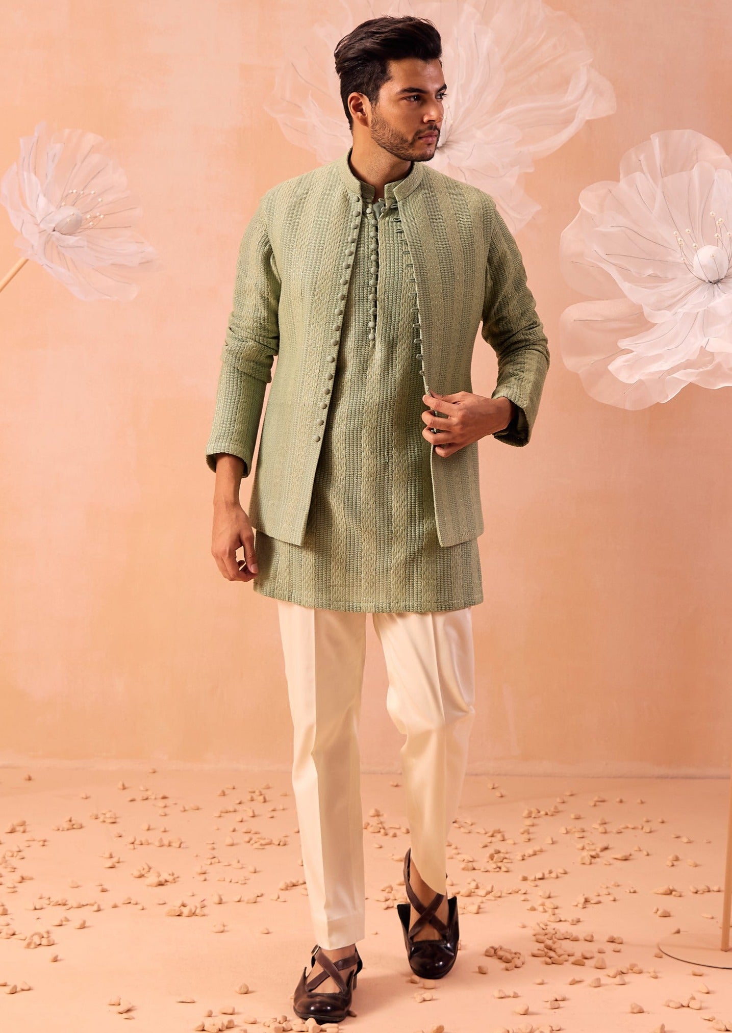 Salmon Green Open Jacket Set