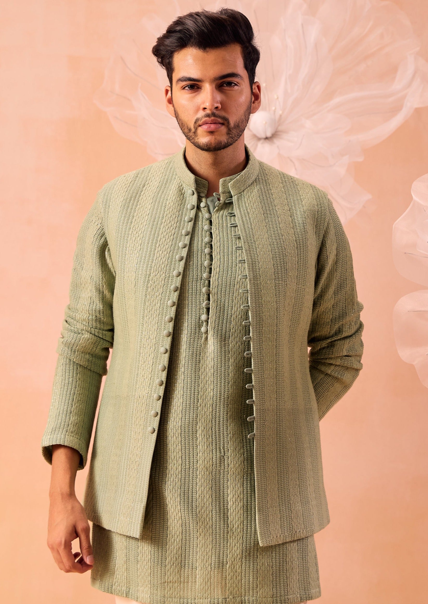 Salmon Green Open Jacket Set