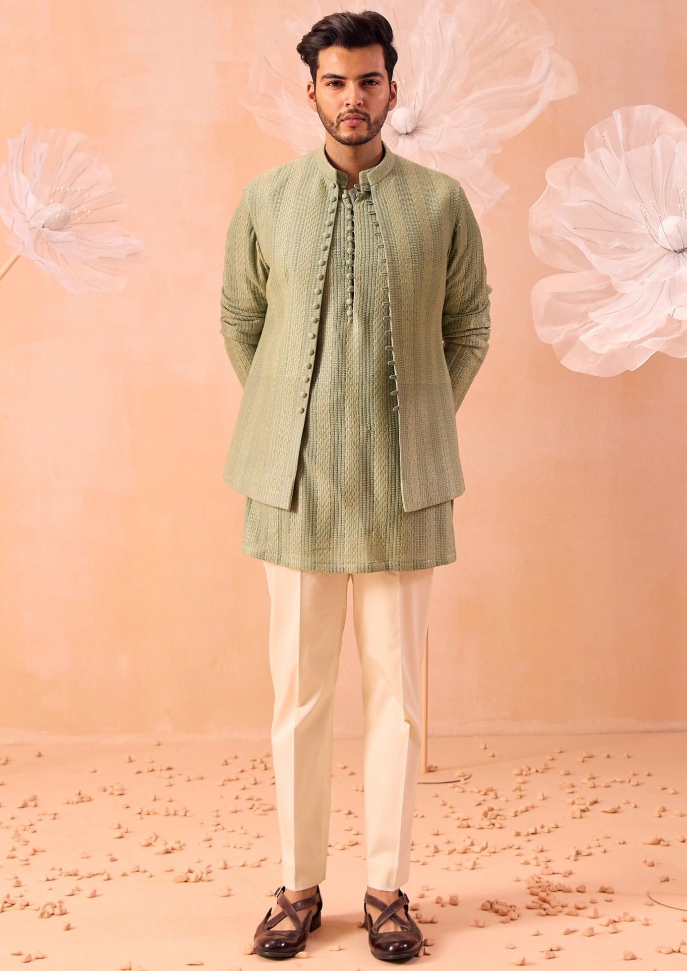 Salmon Green Open Jacket Set