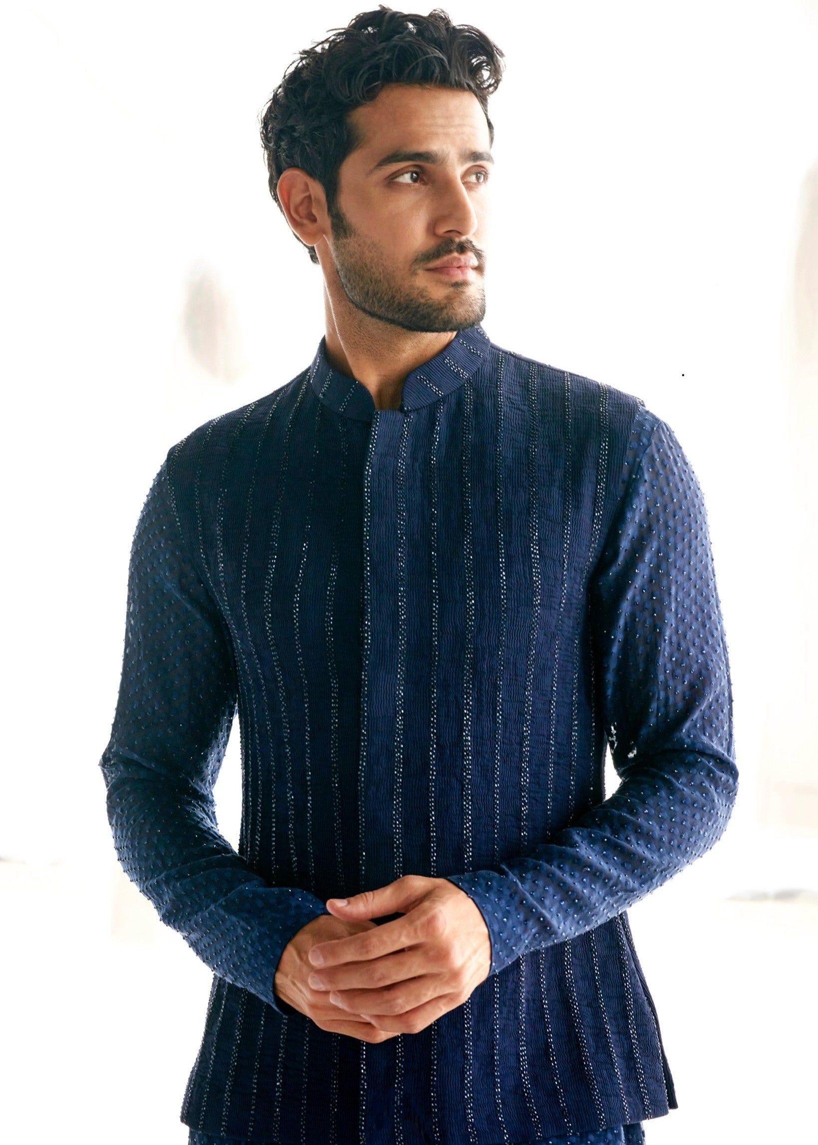 Blue Cutdana Nehru Paired With Blue Swarovski Kurta