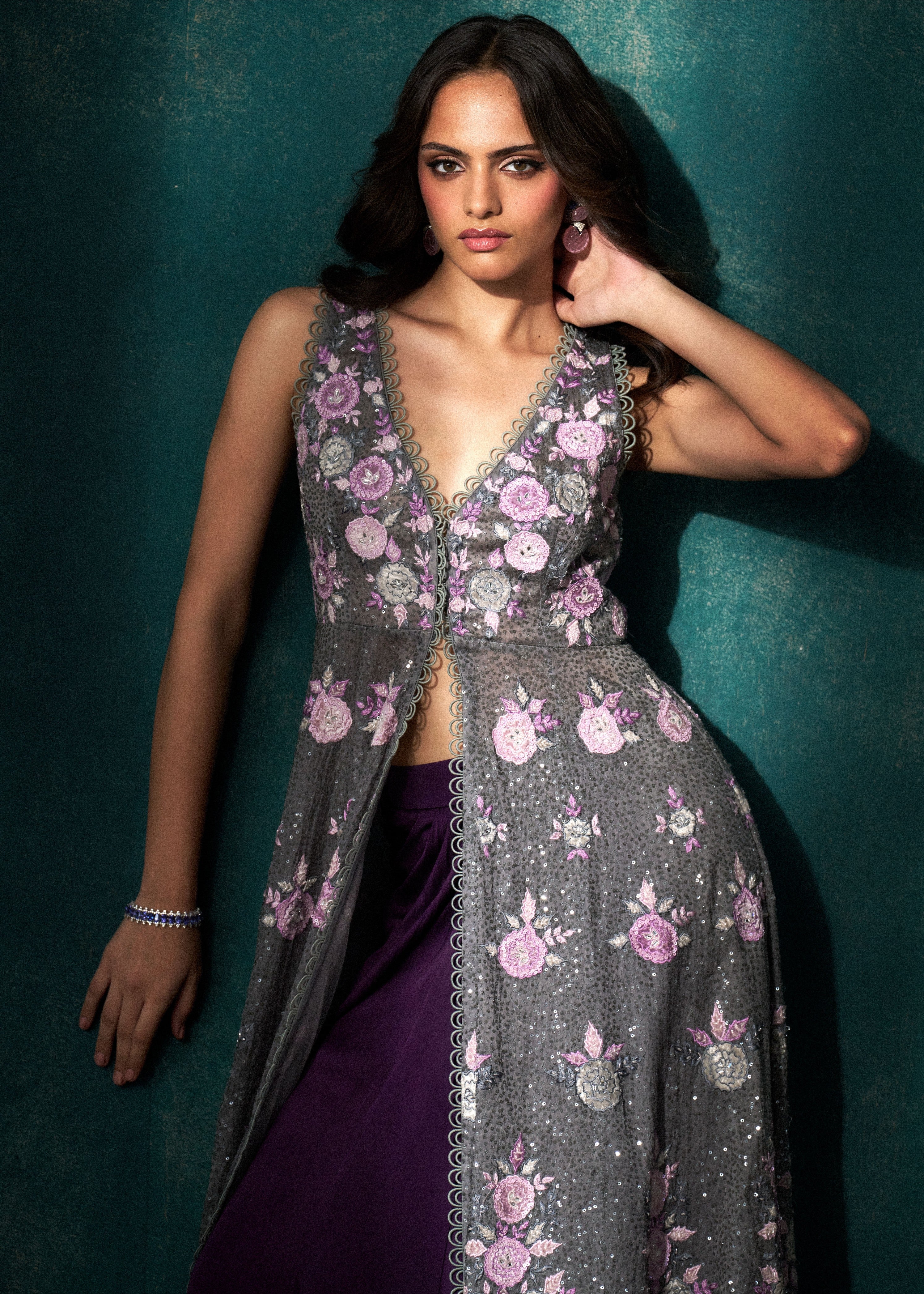 Grey Sequins Cape With Applique Work