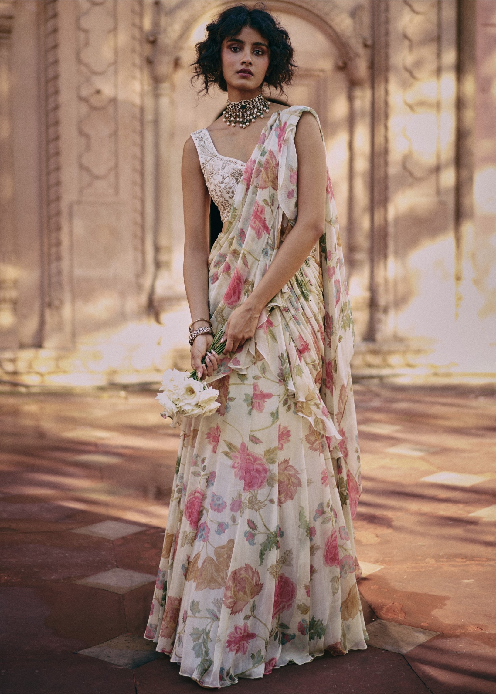 Ivory Floral Ruffle Pre-Draped Sari