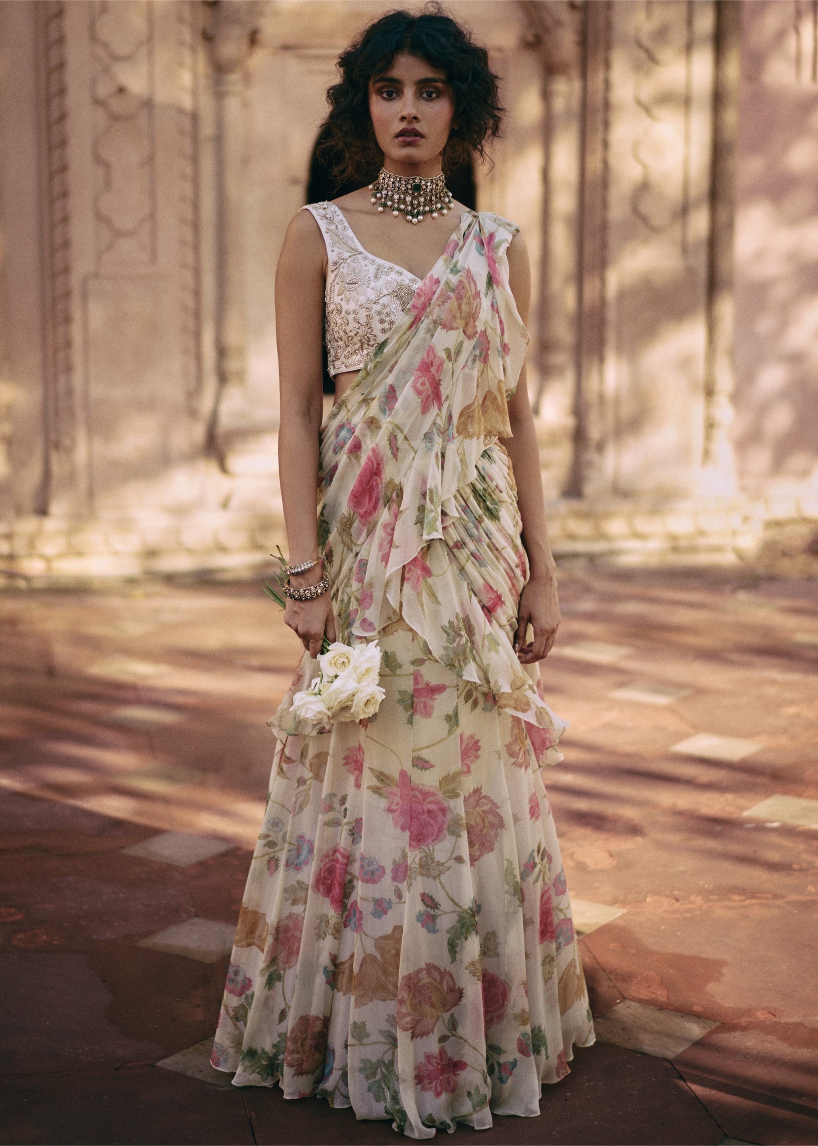 Ivory Floral Ruffle Pre-Draped Sari