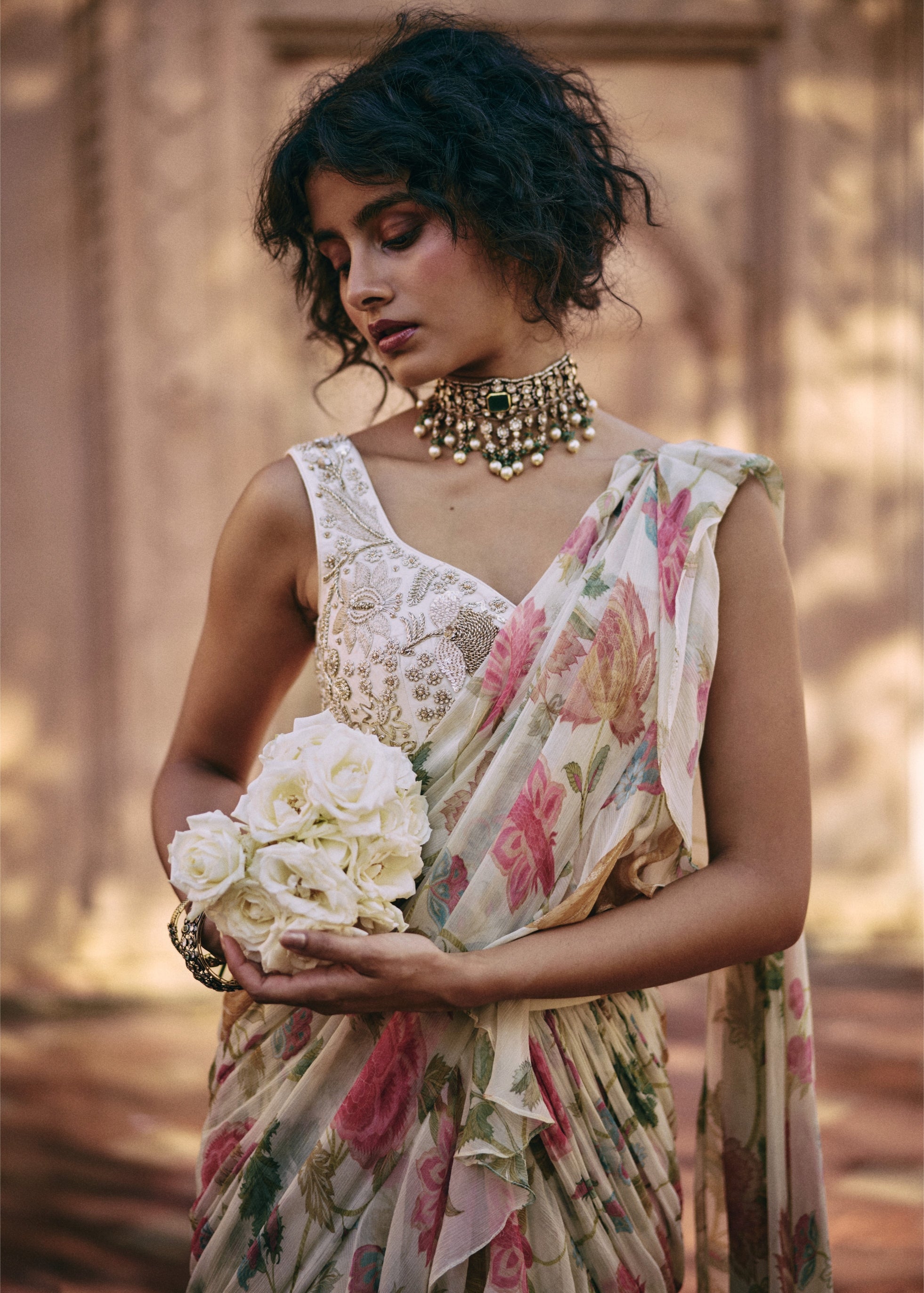 Ivory Floral Ruffle Pre-Draped Sari