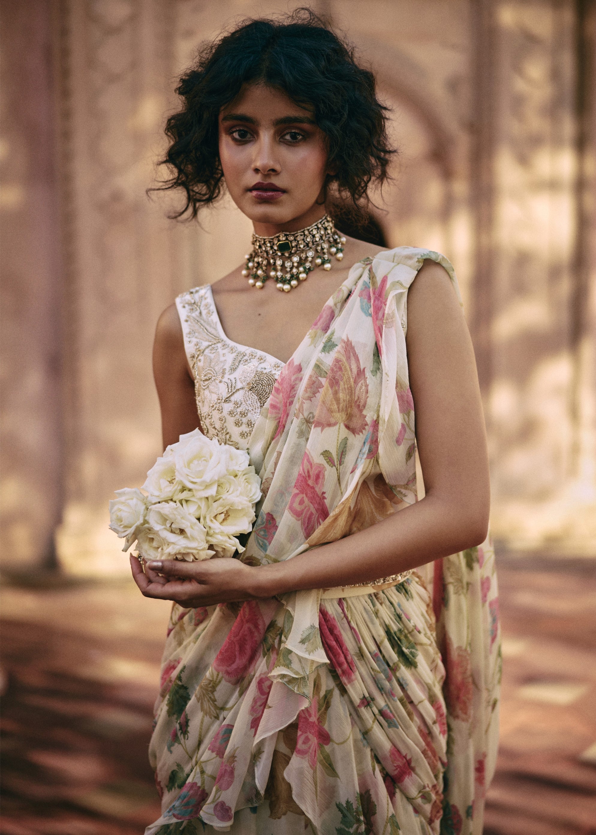 Ivory Floral Ruffle Pre-Draped Sari