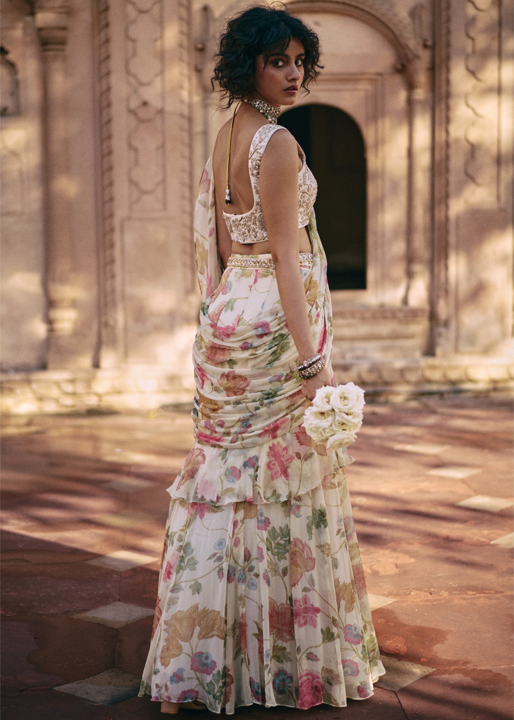 Ivory Floral Ruffle Pre-Draped Sari