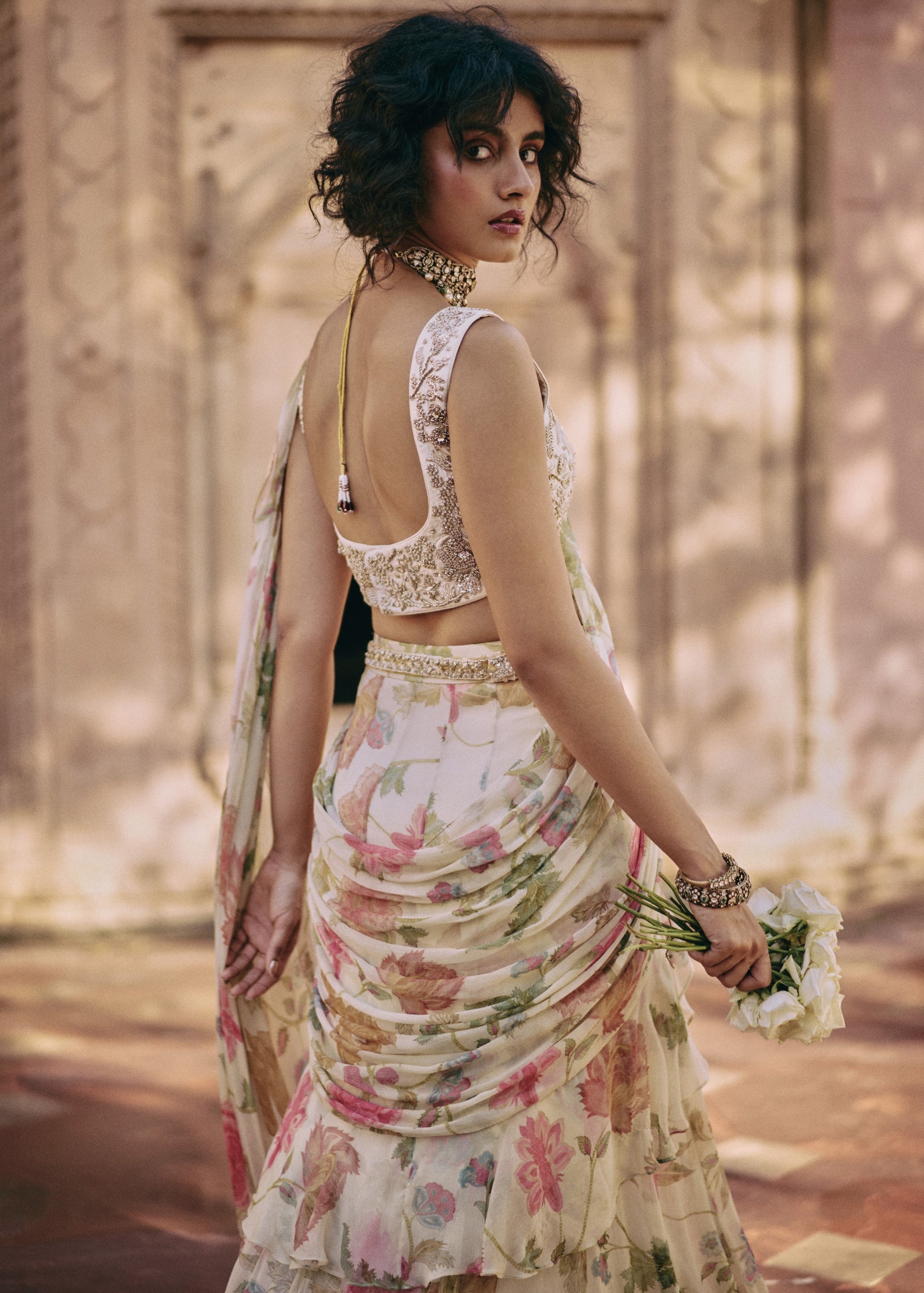 Ivory Floral Ruffle Pre-Draped Sari