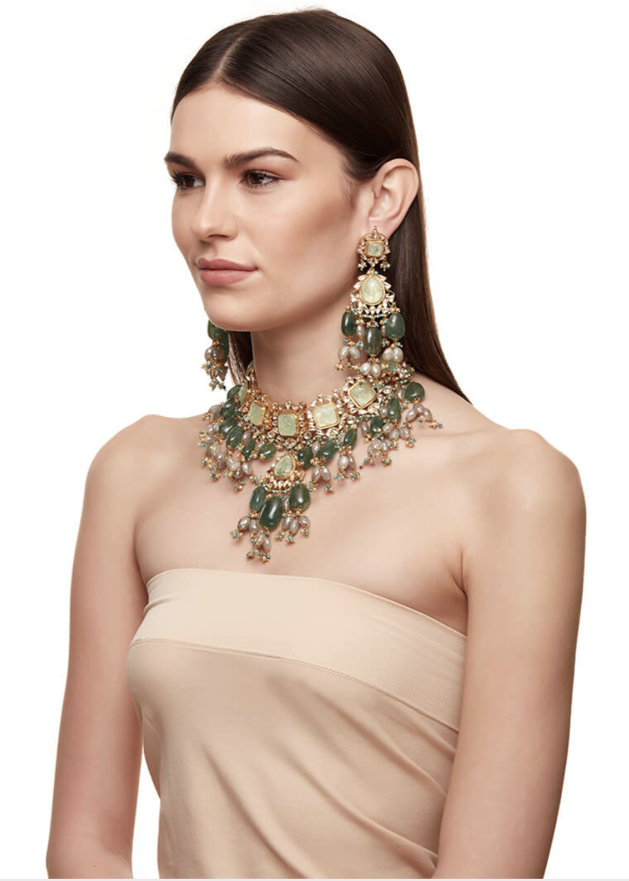 Carved Russian Green Beryl and Kundan Set