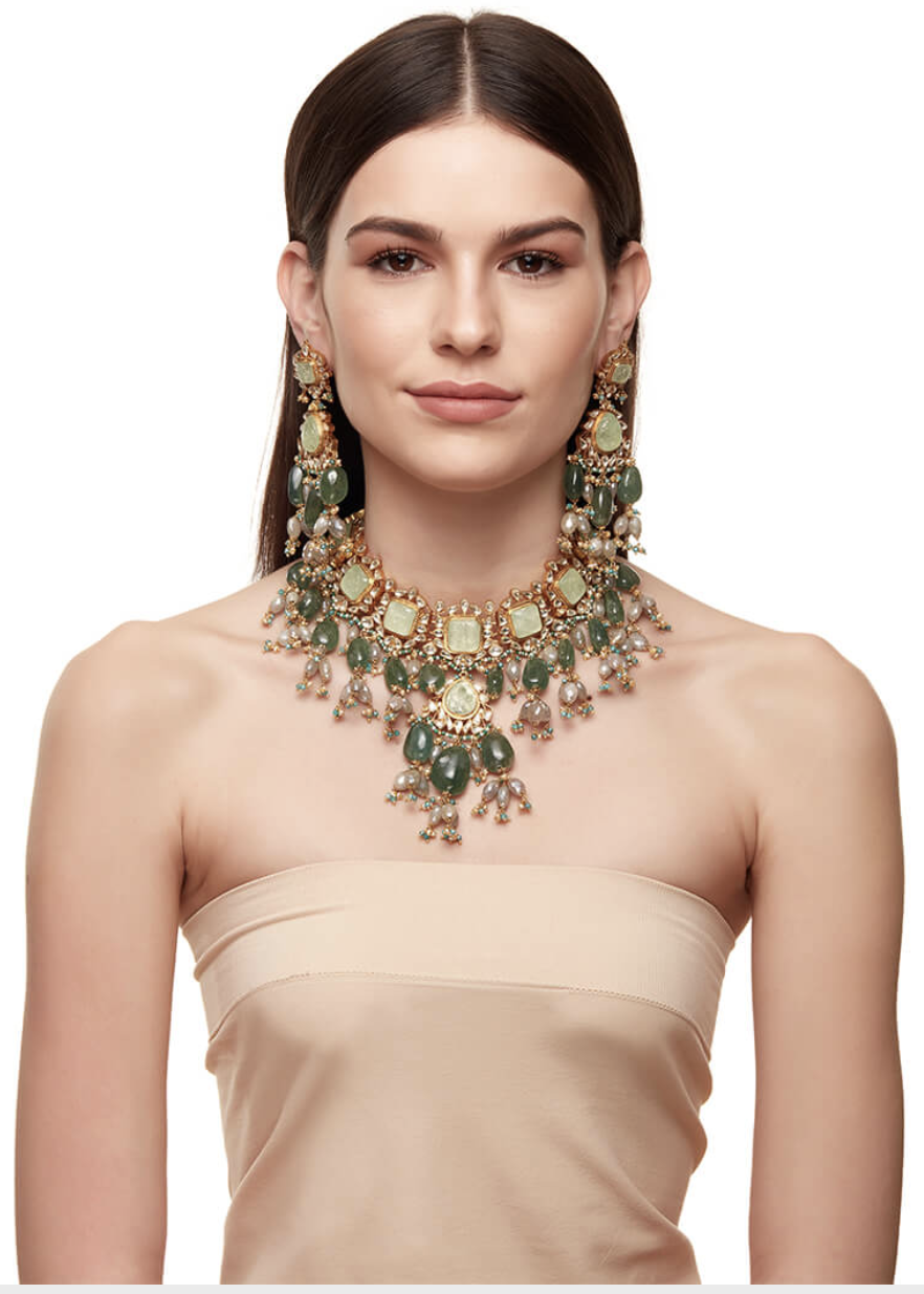 Carved Russian Green Beryl and Kundan Set