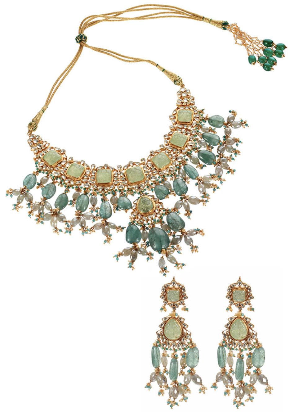 Carved Russian Green Beryl and Kundan Set