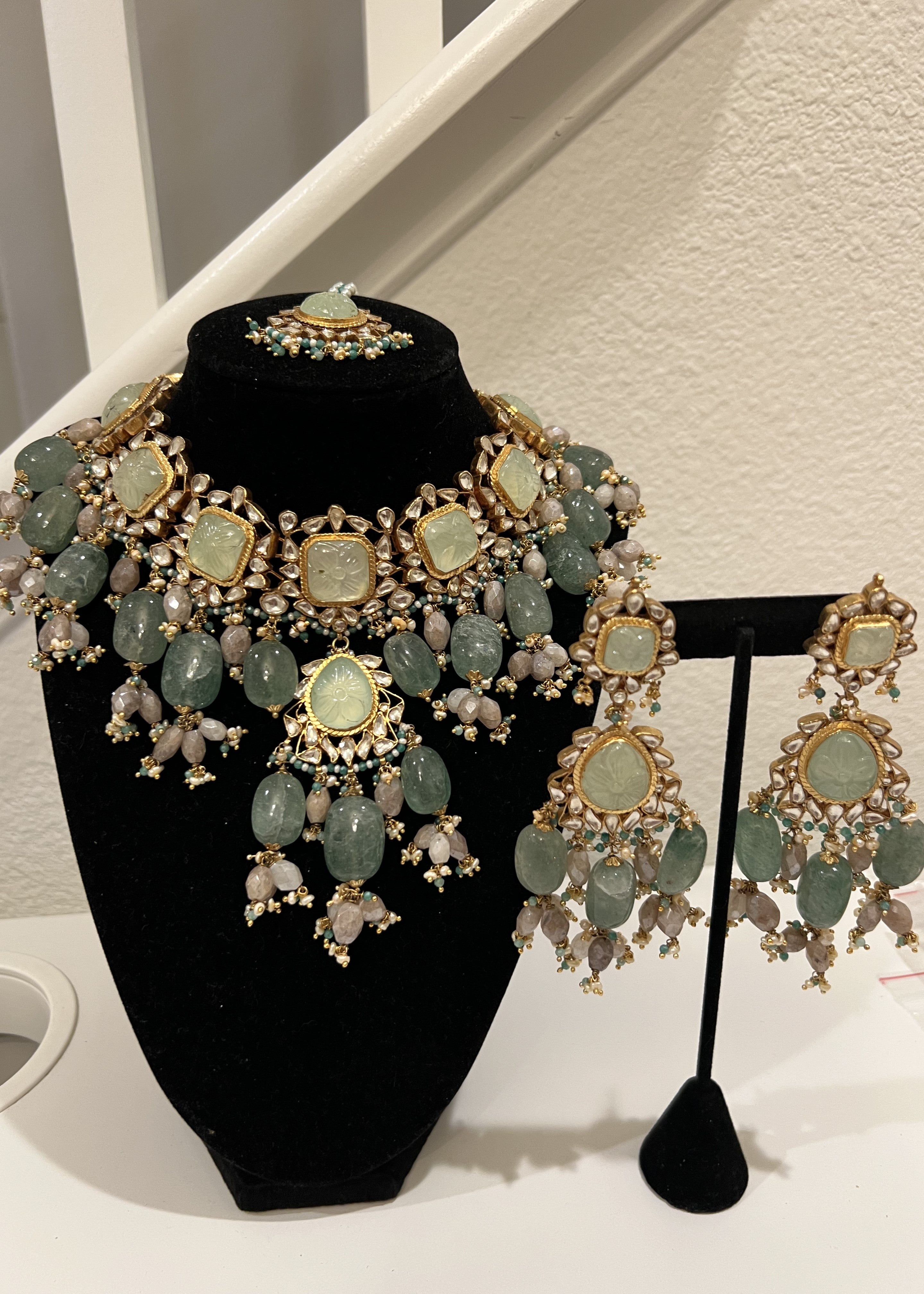 Carved Russian Green Beryl and Kundan Set