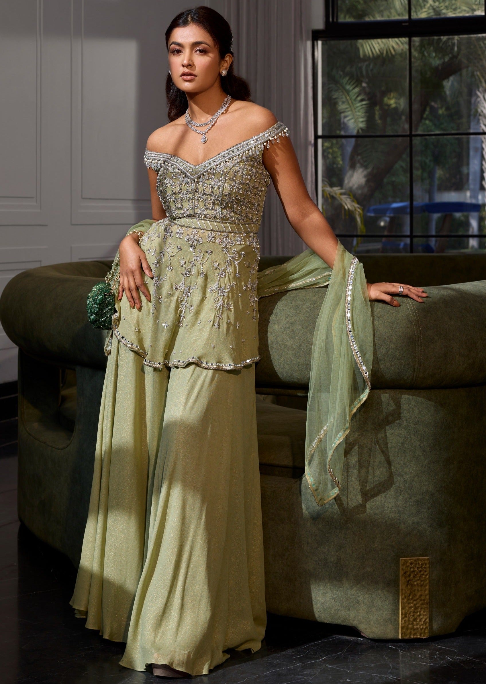 Sage Green Off Shoulder Peplum