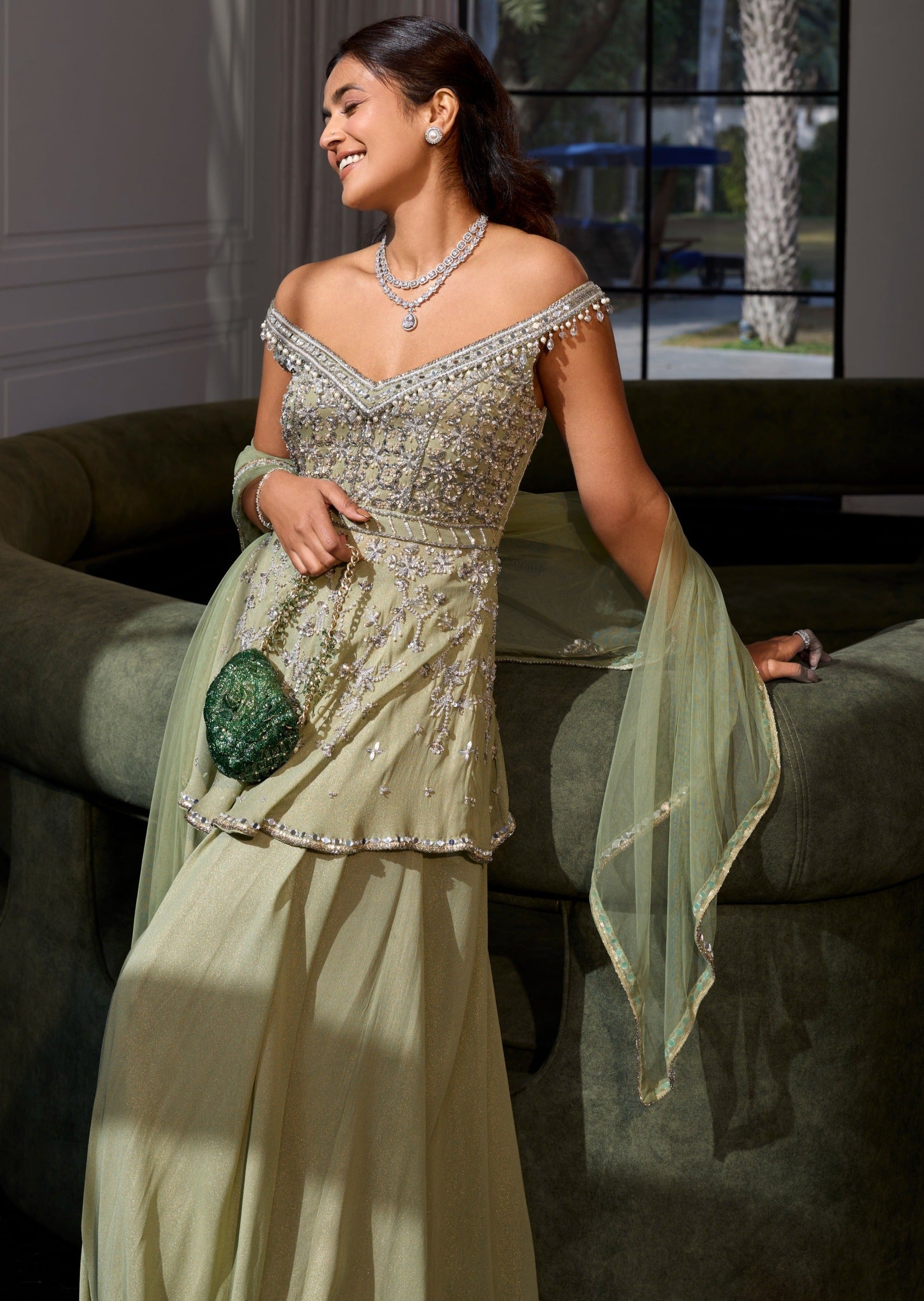 Sage Green Off Shoulder Peplum