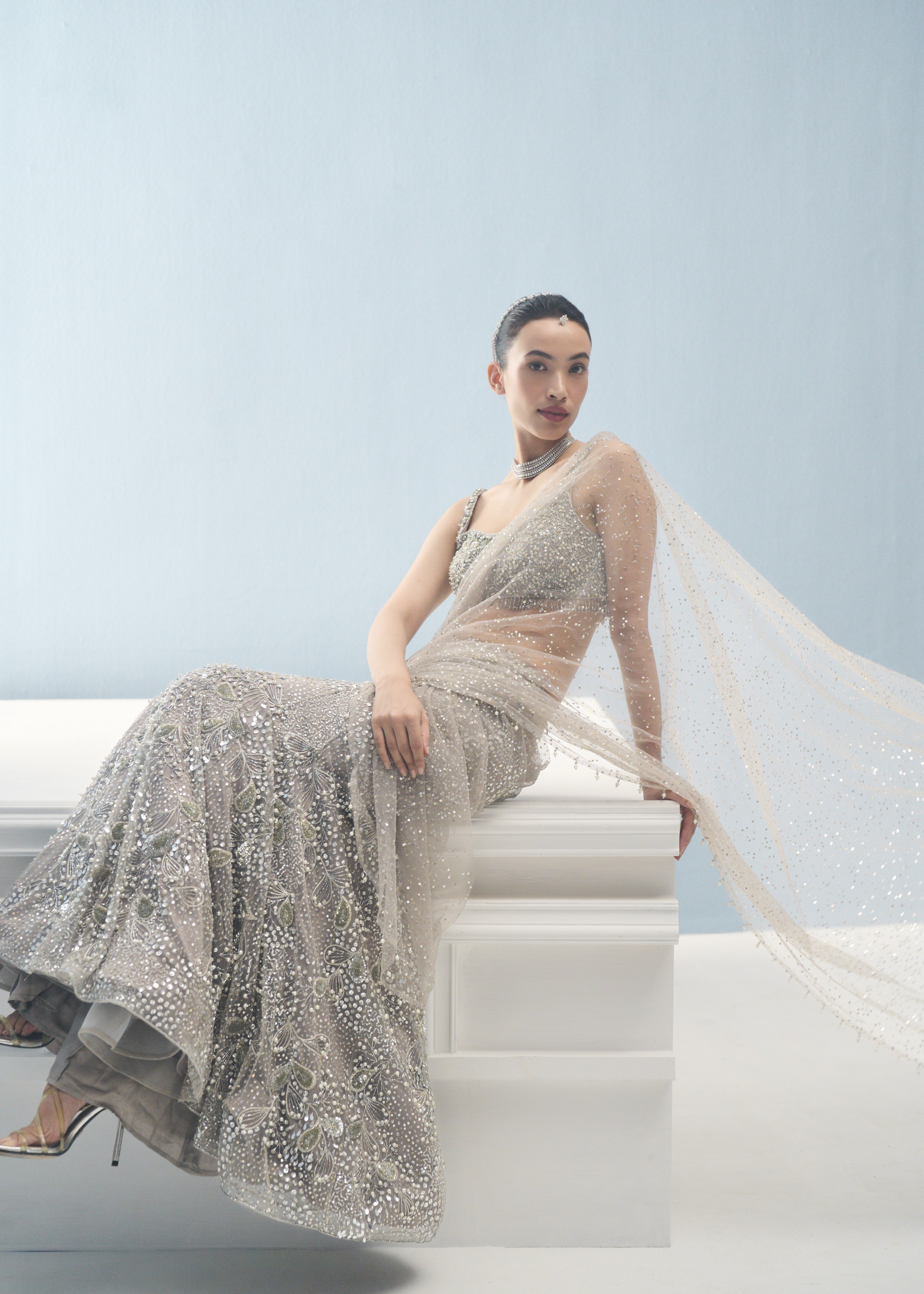 Silver Grey Tulle Drape Lehenga Set