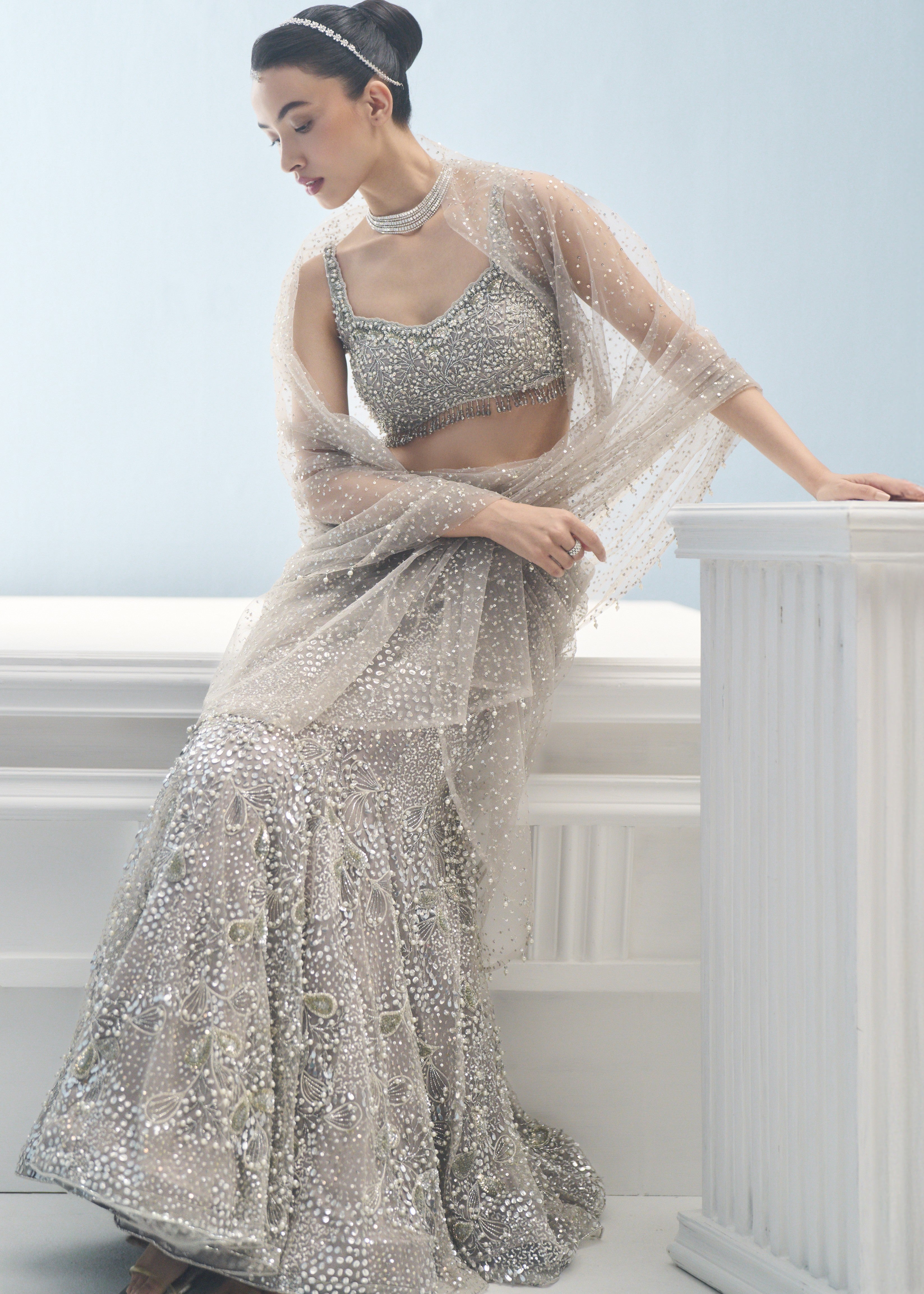 Silver Grey Tulle Drape Lehenga Set