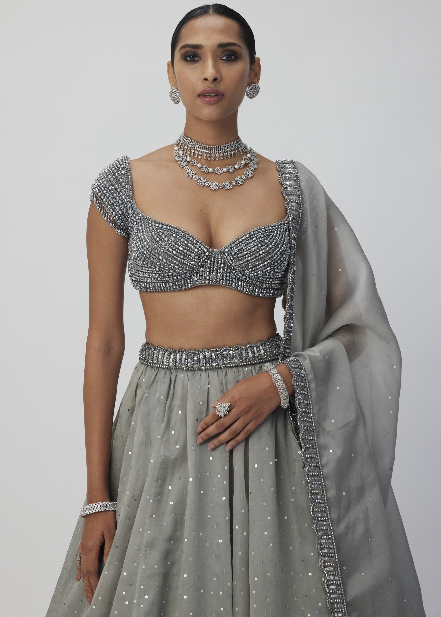 Crystal Grey Sequins Scattered Organza Lehenga Set