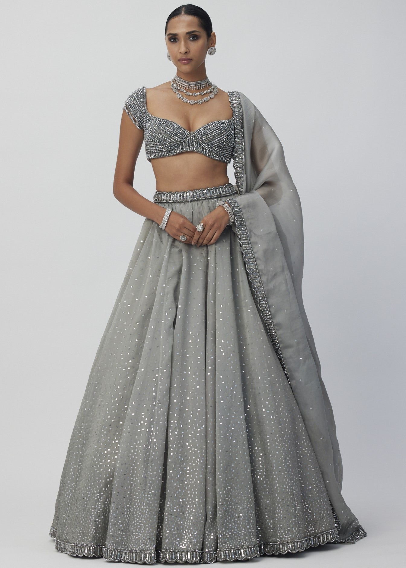 Crystal Grey Sequins Scattered Organza Lehenga Set