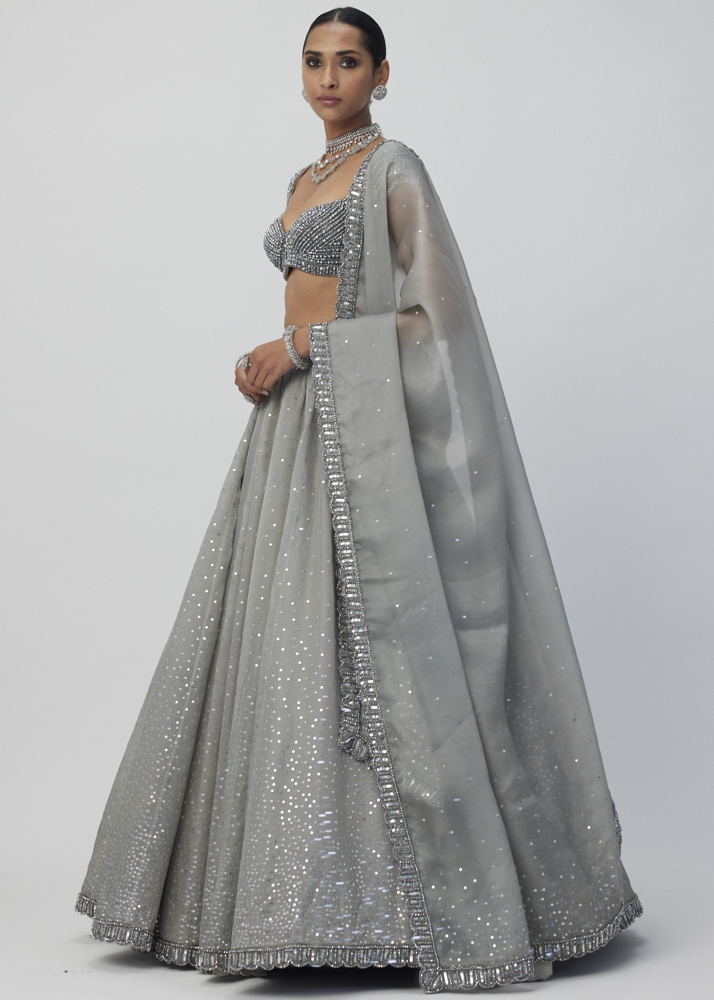 Crystal Grey Sequins Scattered Organza Lehenga Set