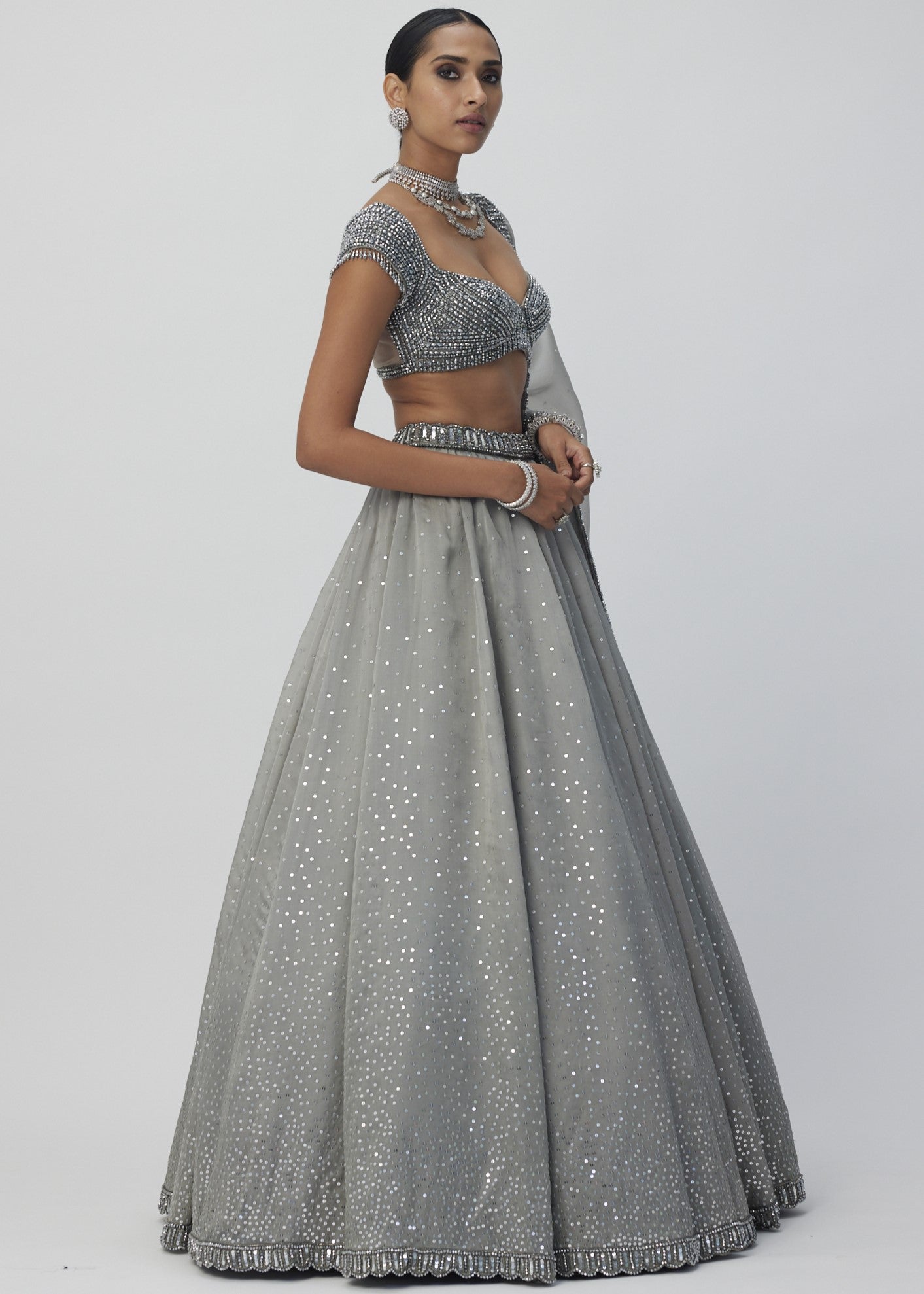 Crystal Grey Sequins Scattered Organza Lehenga Set
