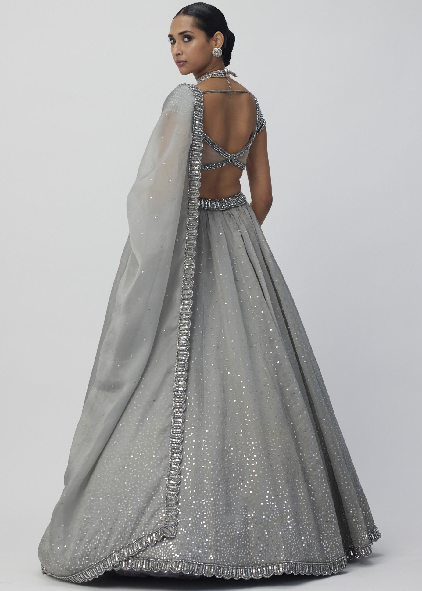Crystal Grey Sequins Scattered Organza Lehenga Set