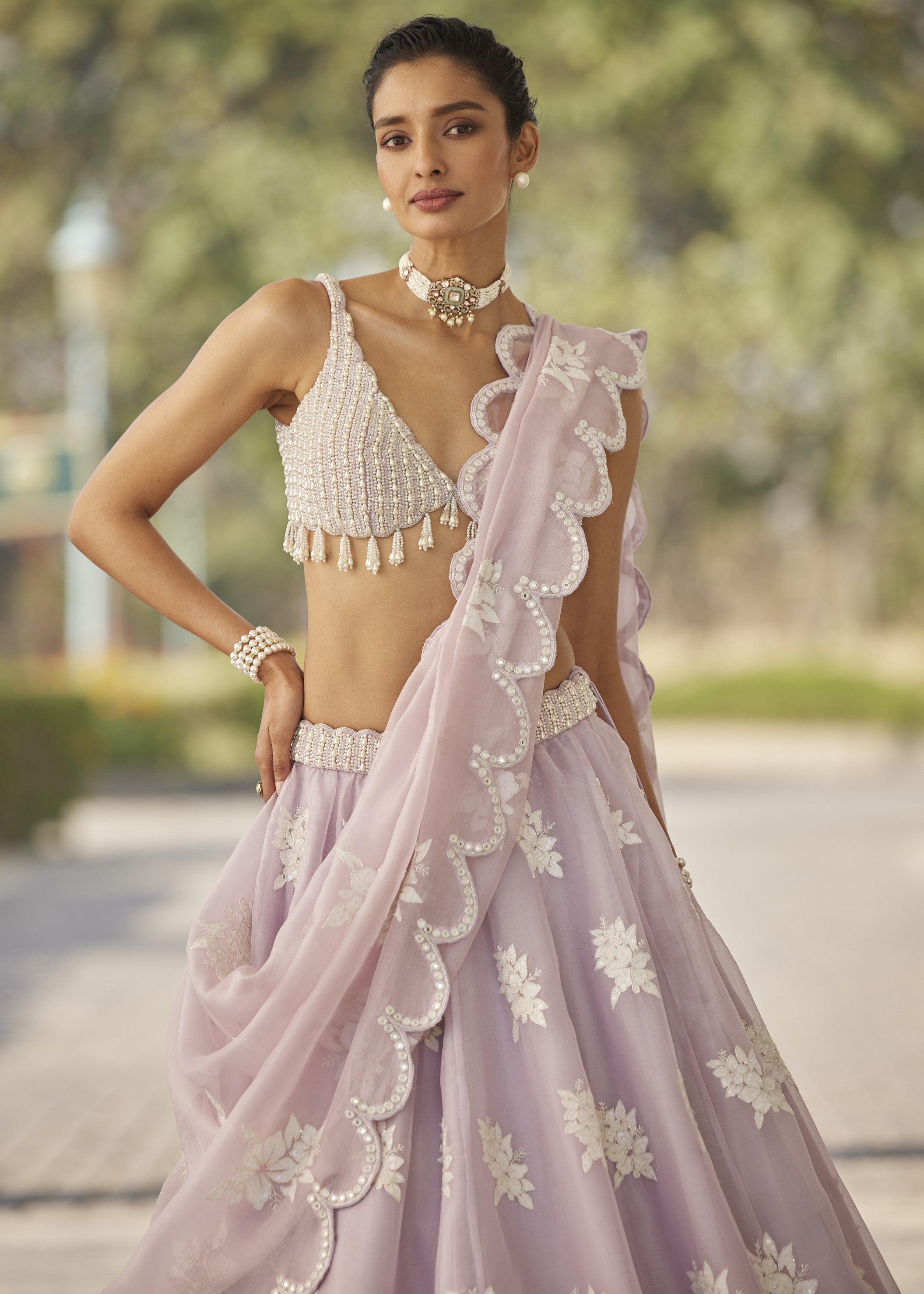 Powder Lilac Flower Lehenga Set