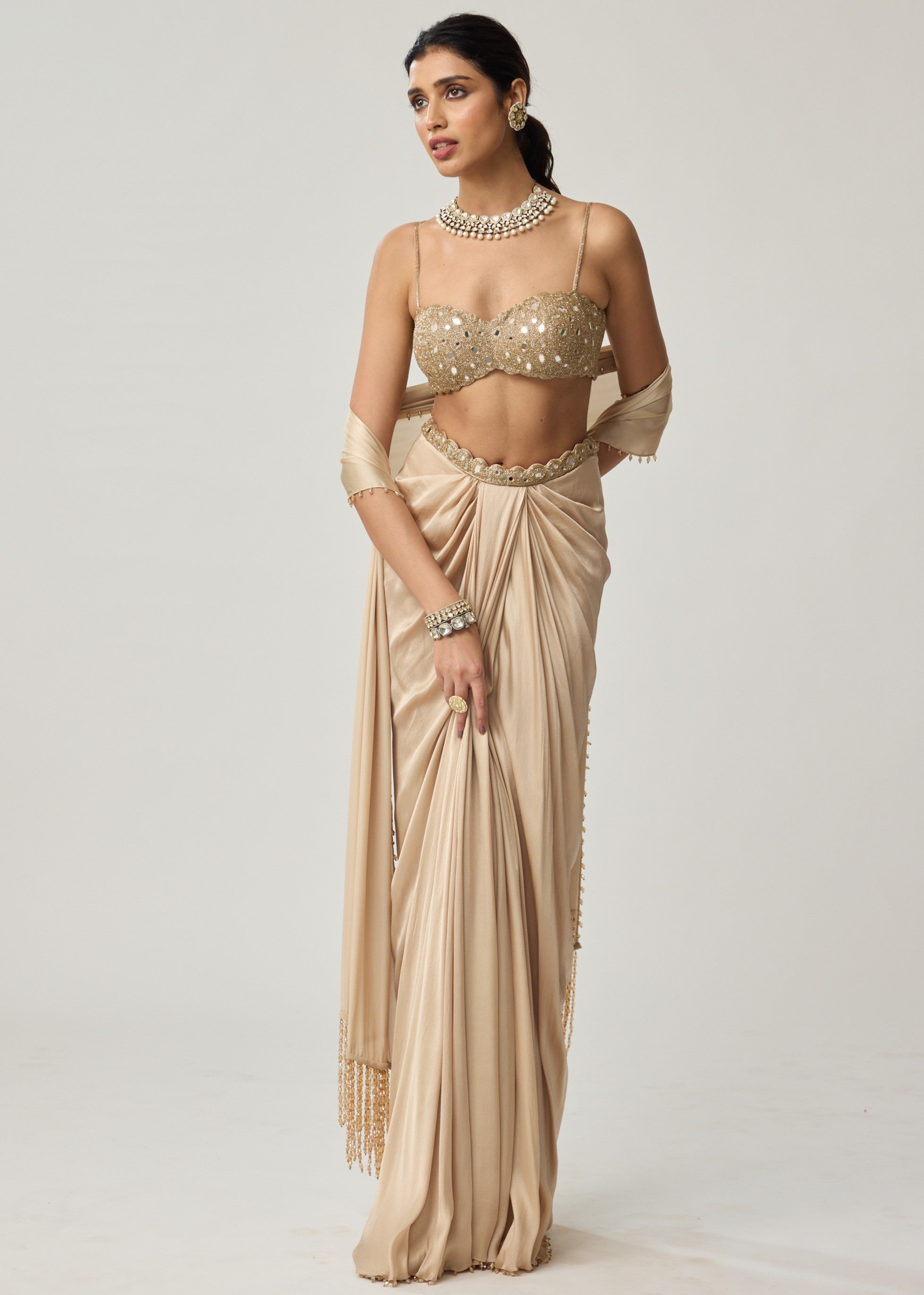 Light Beige Mirror Satin Draped Skirt Set