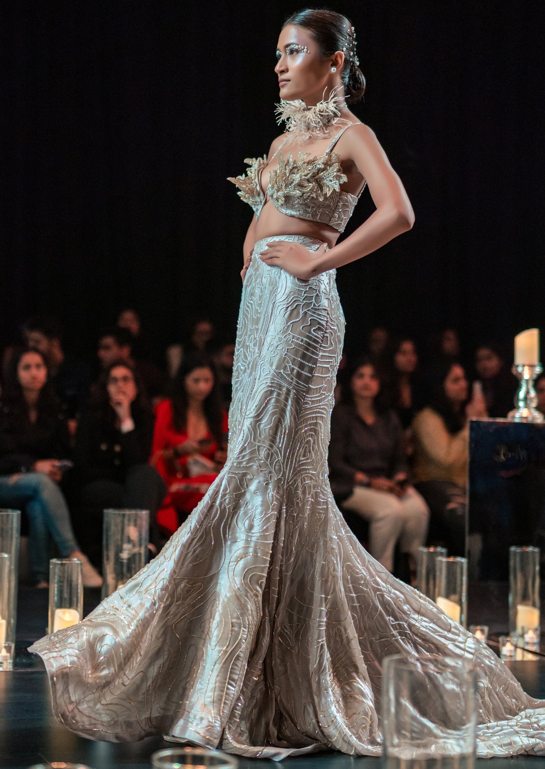 Beige Fish-Cut Lehenga Set with 3D Patchwork Detail