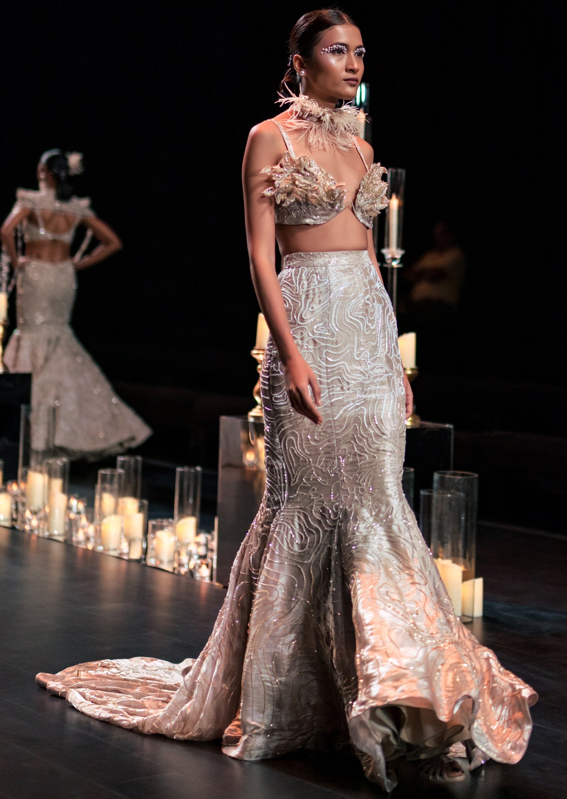 Beige Fish-Cut Lehenga Set with 3D Patchwork Detail