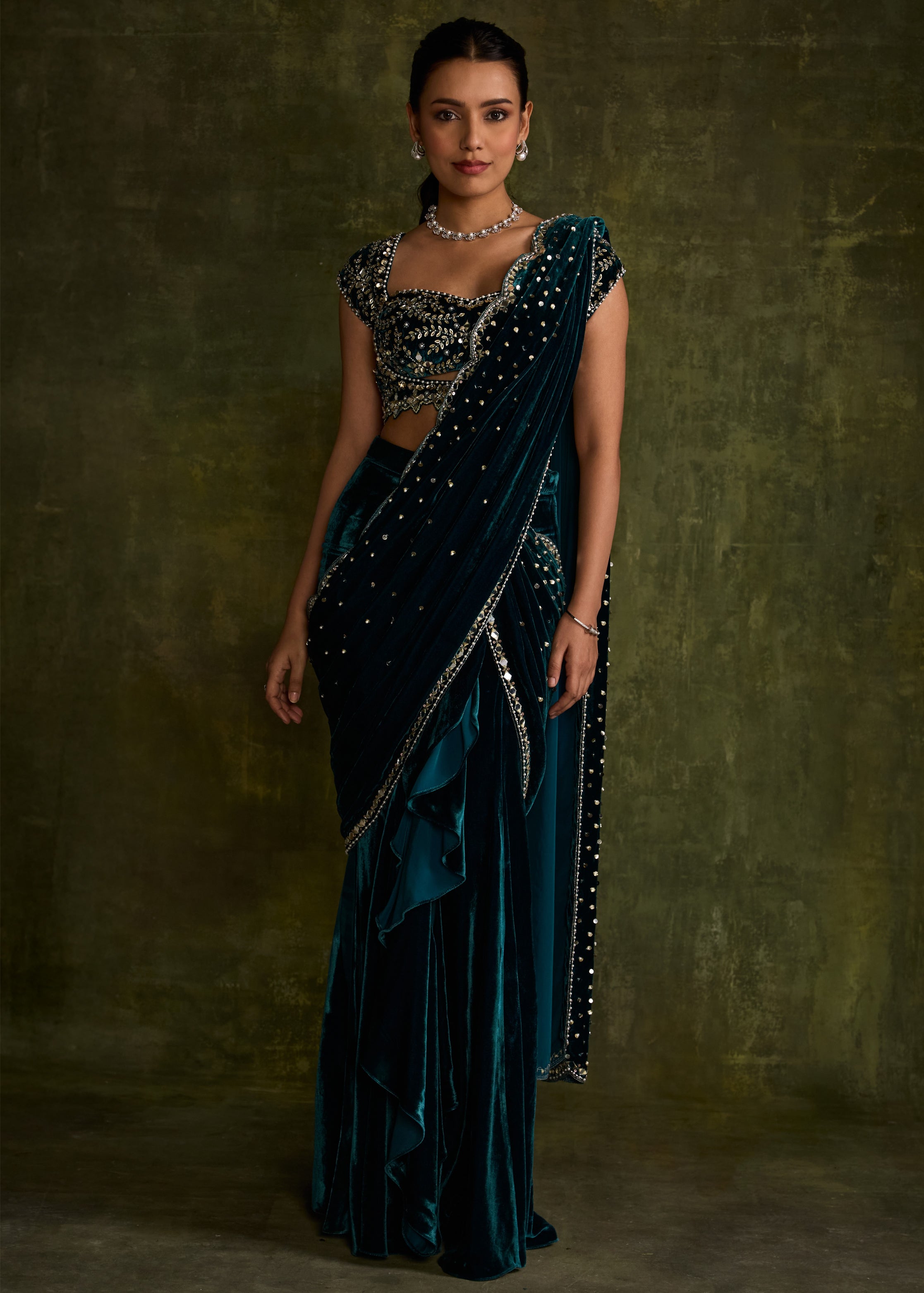 Turqoise Velvet Pre-Draped Sari