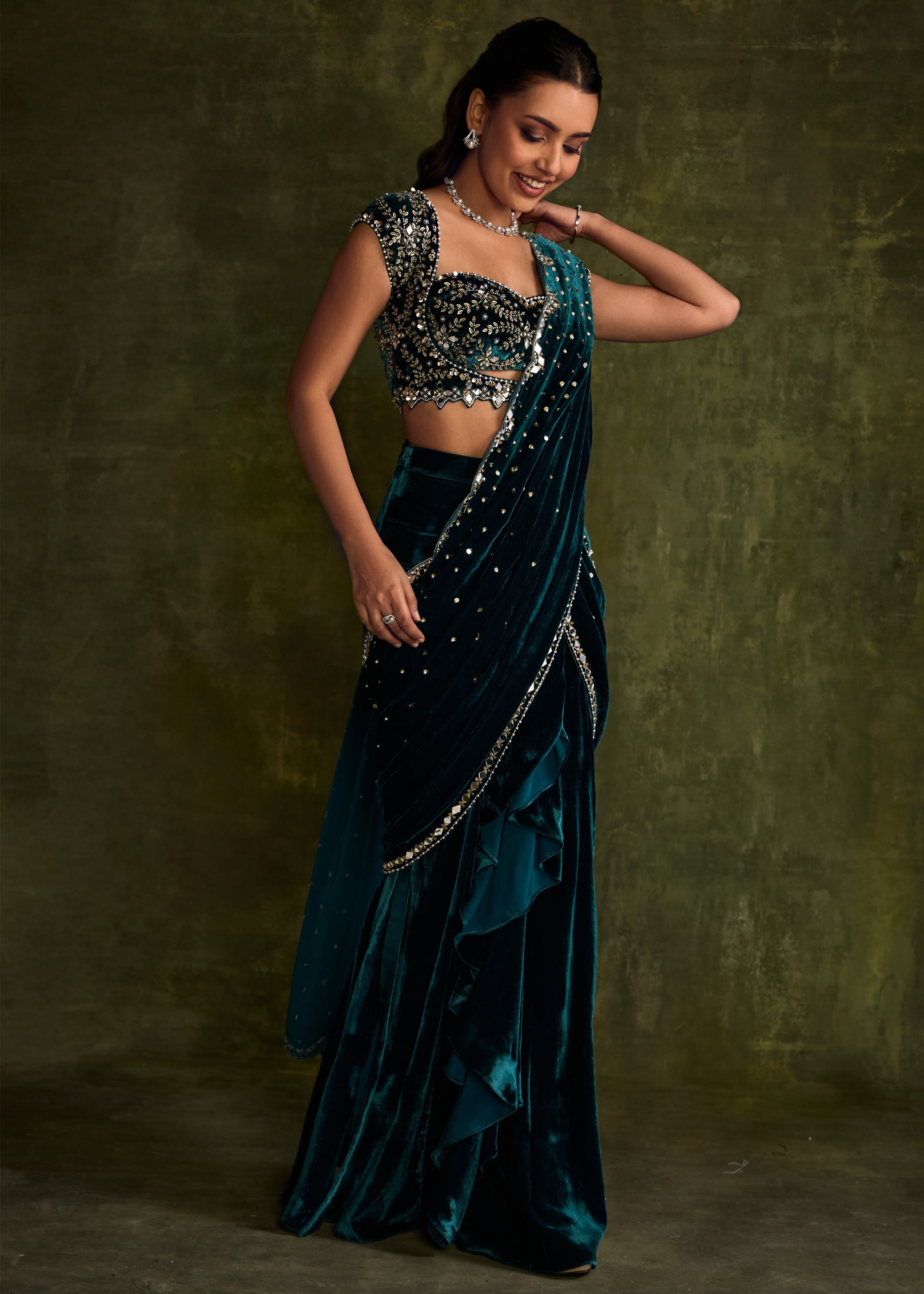 Turqoise Velvet Pre-Draped Sari