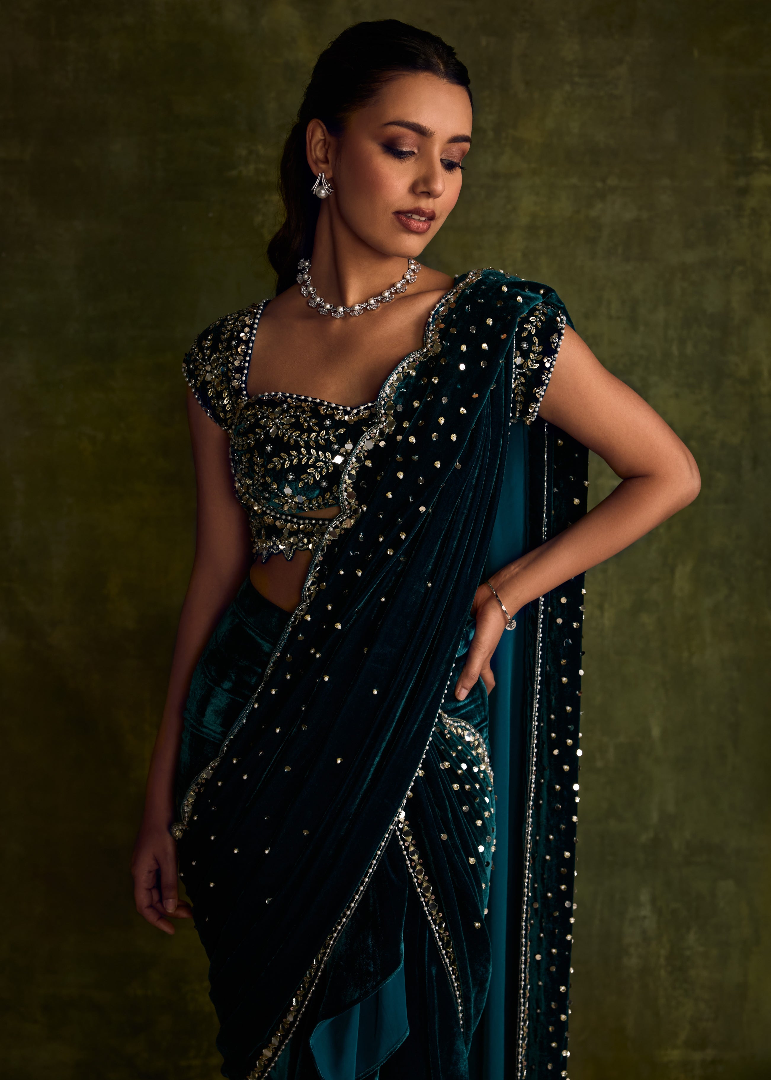 Turqoise Velvet Pre-Draped Sari