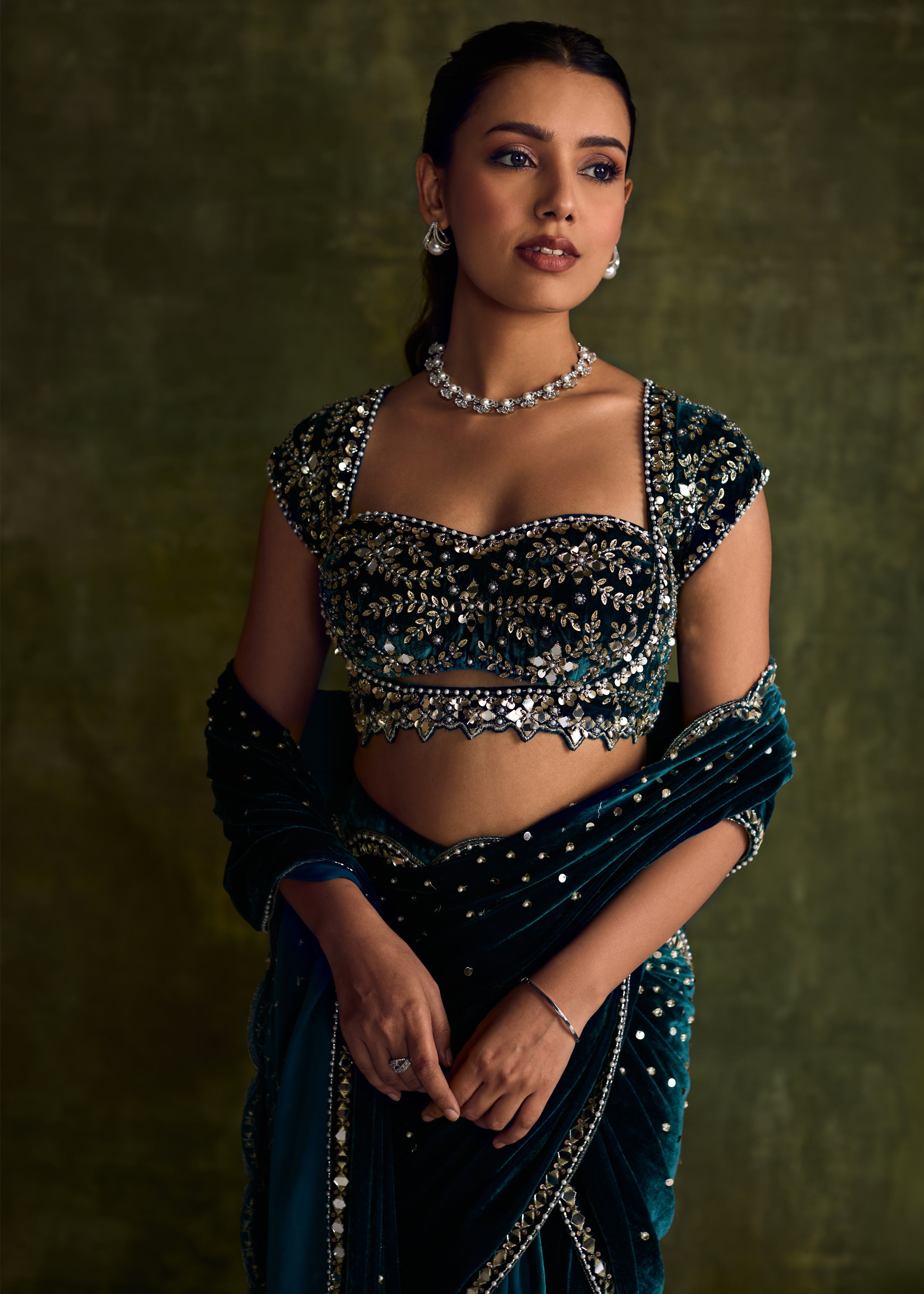 Turqoise Velvet Pre-Draped Sari