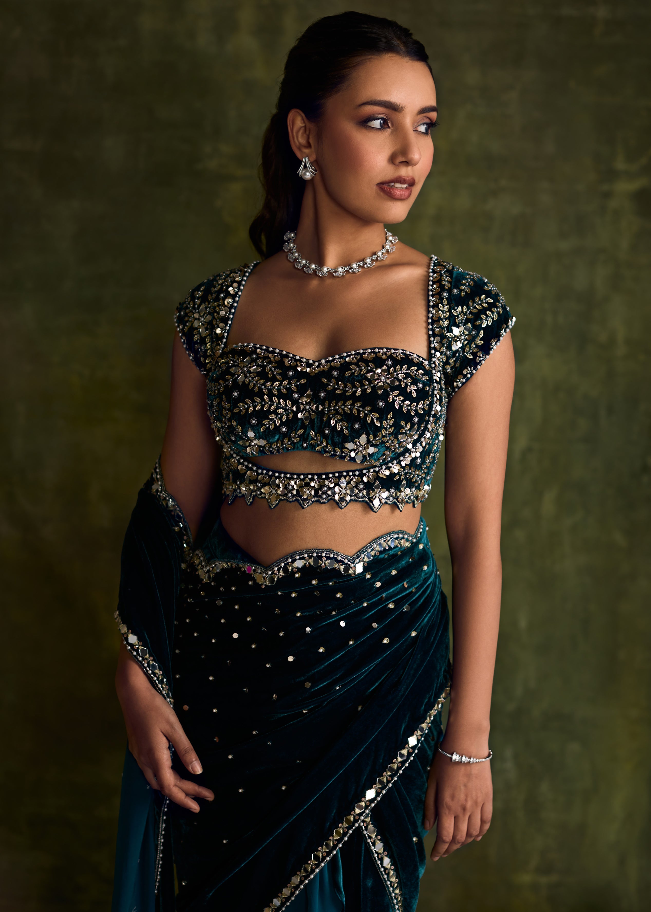 Turqoise Velvet Pre-Draped Sari
