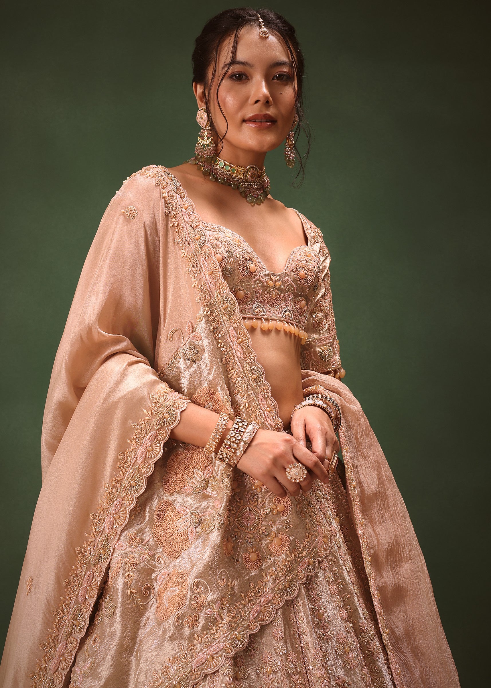 Peach Chanderi Silk Hand Work Lehenga
