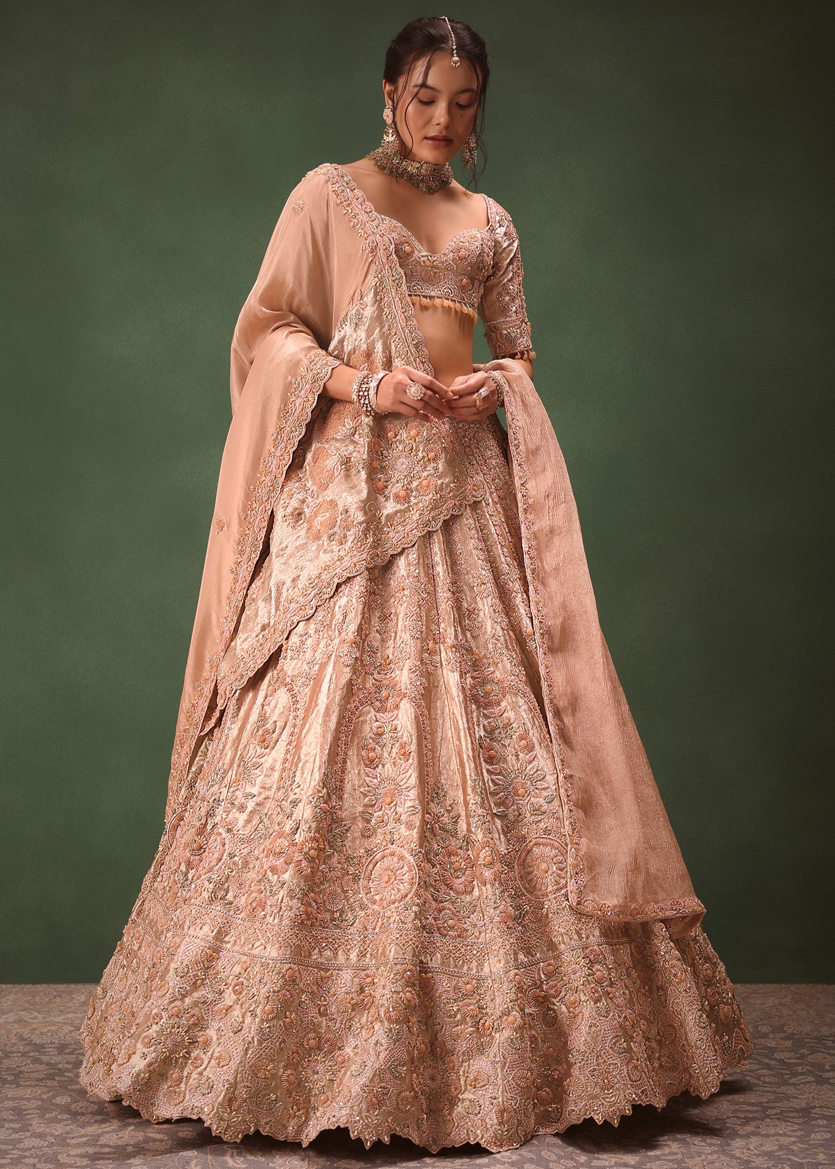 Peach Chanderi Silk Hand Work Lehenga