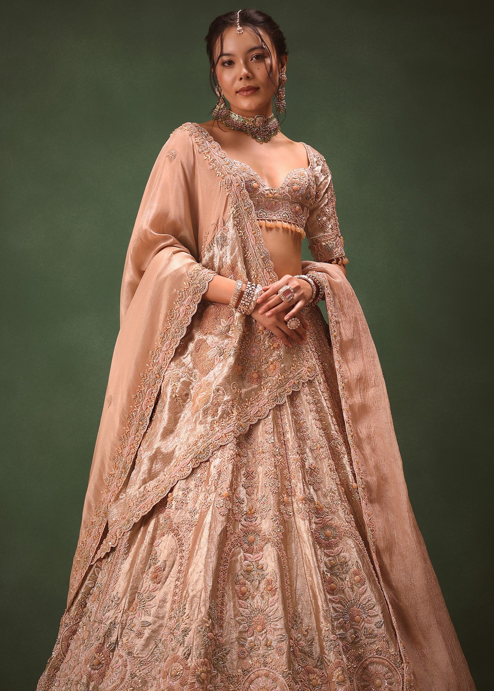Peach Chanderi Silk Hand Work Lehenga