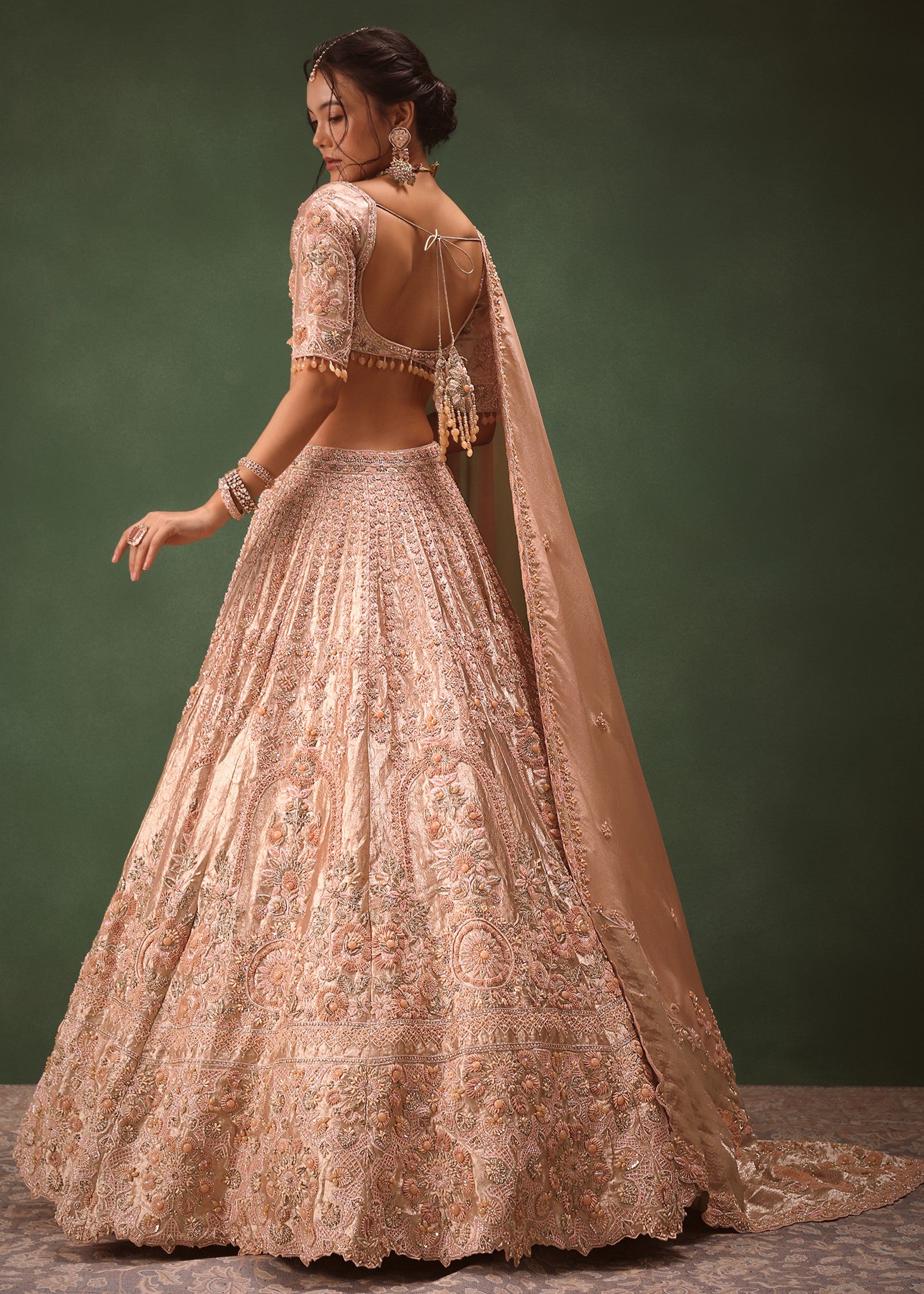 Peach Chanderi Silk Hand Work Lehenga