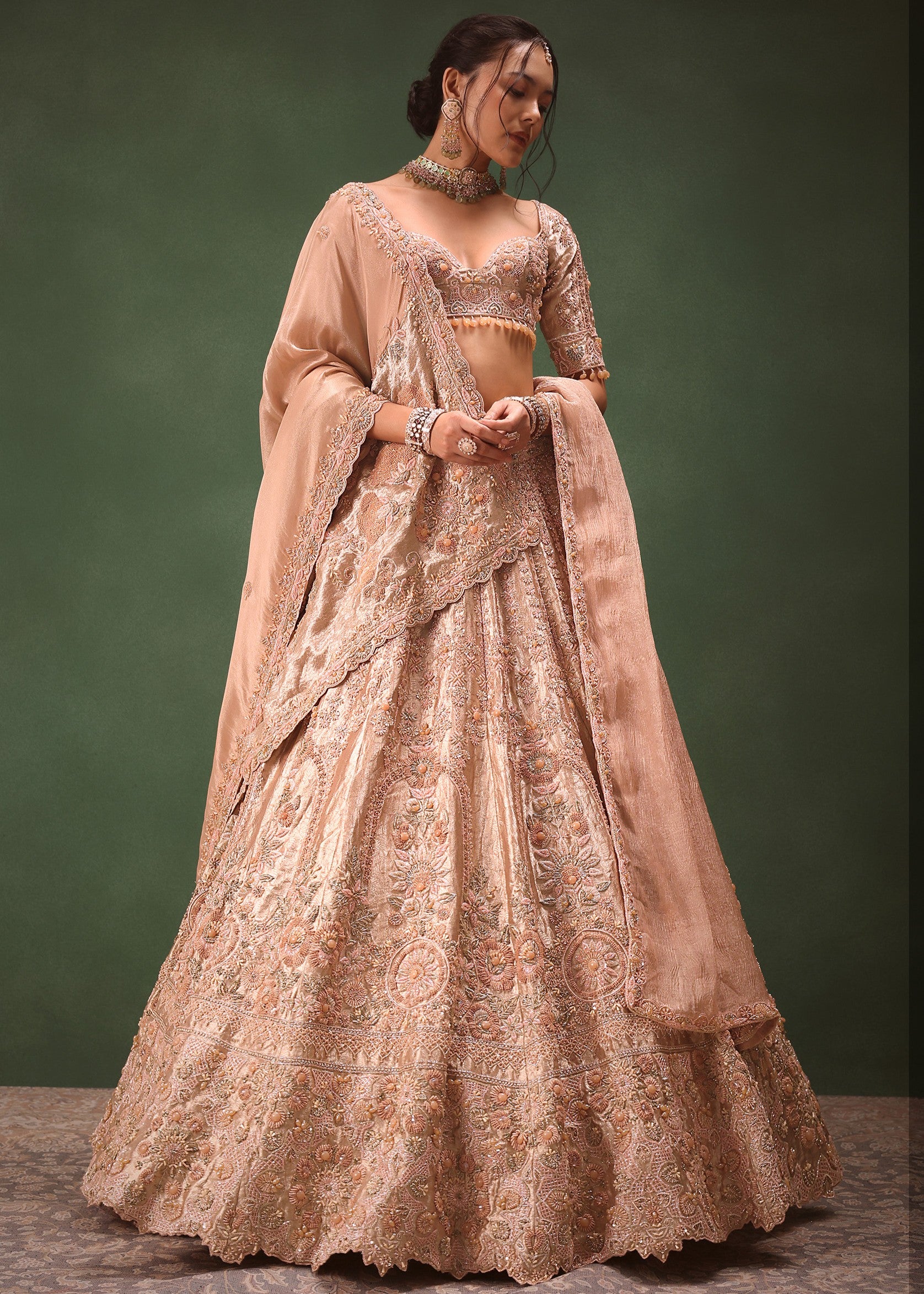 Peach Chanderi Silk Hand Work Lehenga
