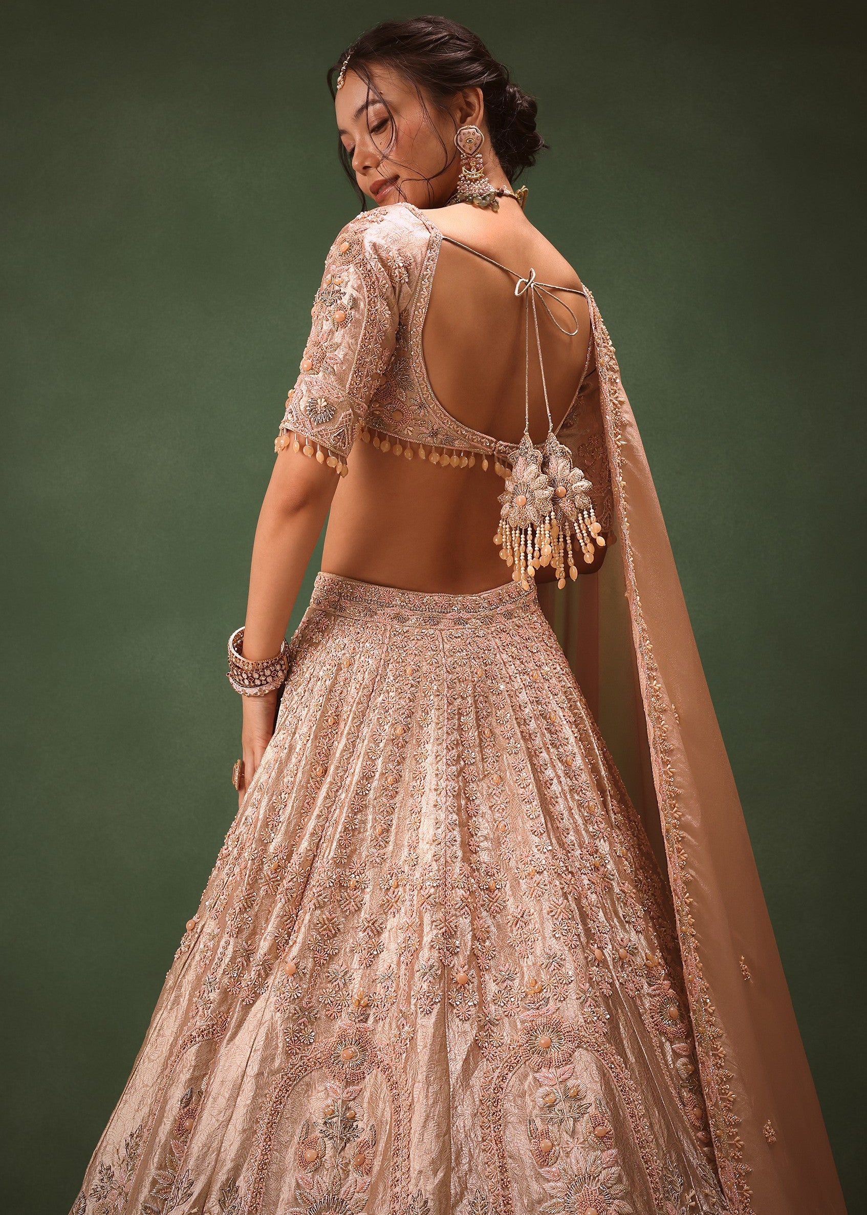 Peach Chanderi Silk Hand Work Lehenga