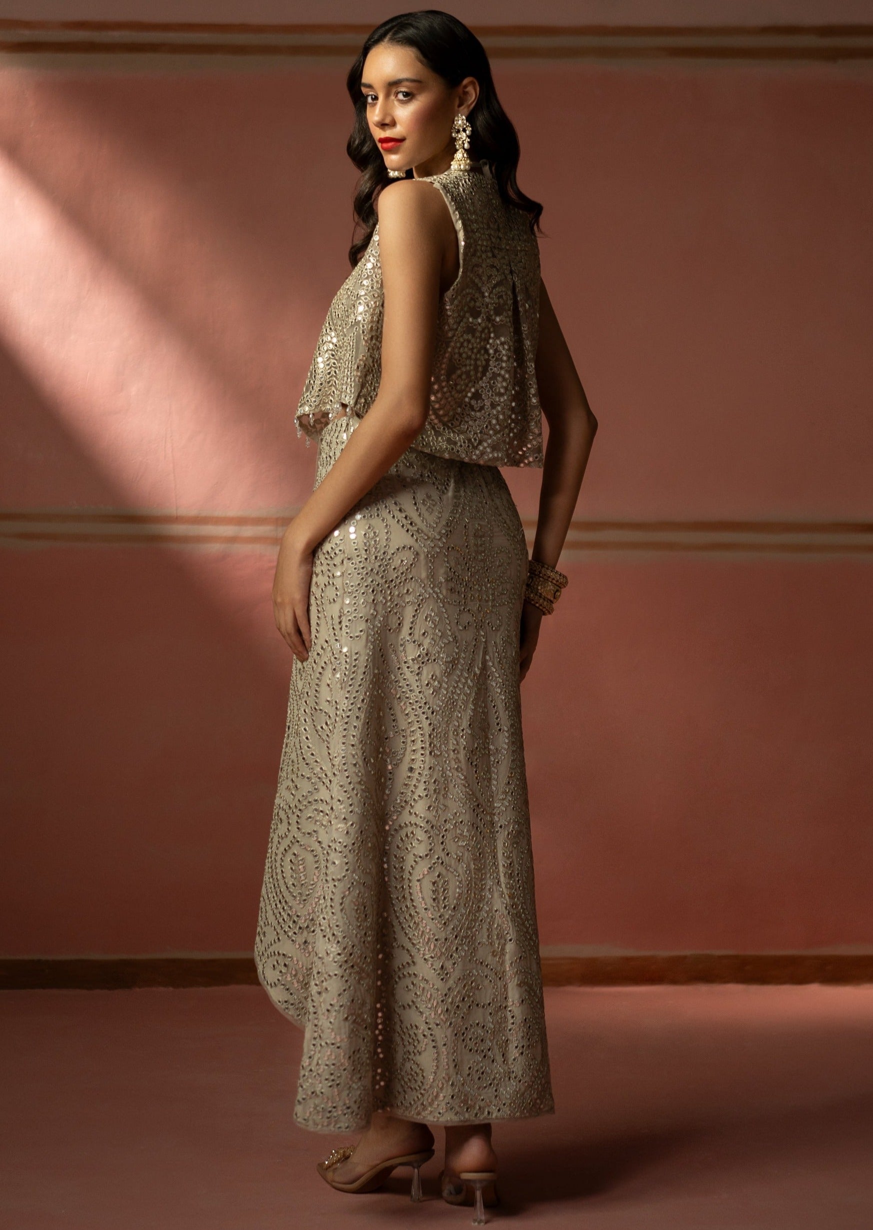Silver Zari Mirrorwork Wrap Over Skirt Set